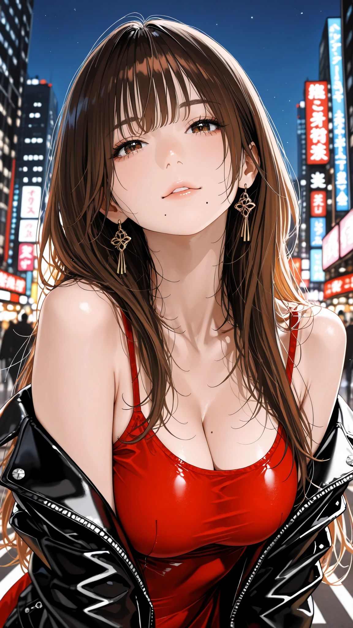 The golden ratio, Proper composition,BEAUTIFUL ILLUSTRATION, (masterpiece, detailed:1.2), maorix,score_9, score_8_up, score_7_up, score_6_up, score_5_up, 1girl, huge tit, dirty anime style, leather jacket, red one-piece dress with cloth falling off the shoulders, 5 anatomically correct fingers, mole under mouth, close-up, brown hair, straight long hair, super quality, 8k, super quality, beautiful Japanese woman, teen, 表情のclose-up, detailed eyes, careful brown iris, transparent brown eyes, high resolution, Beautiful Japanese woman with big boobs standing, anatomically correct ratio :1.331, Tiny Head :1.331, Upper body angle, detailed skin, detailed face, Dynamic Poses, The viewer looks up at her, Urban City at night,