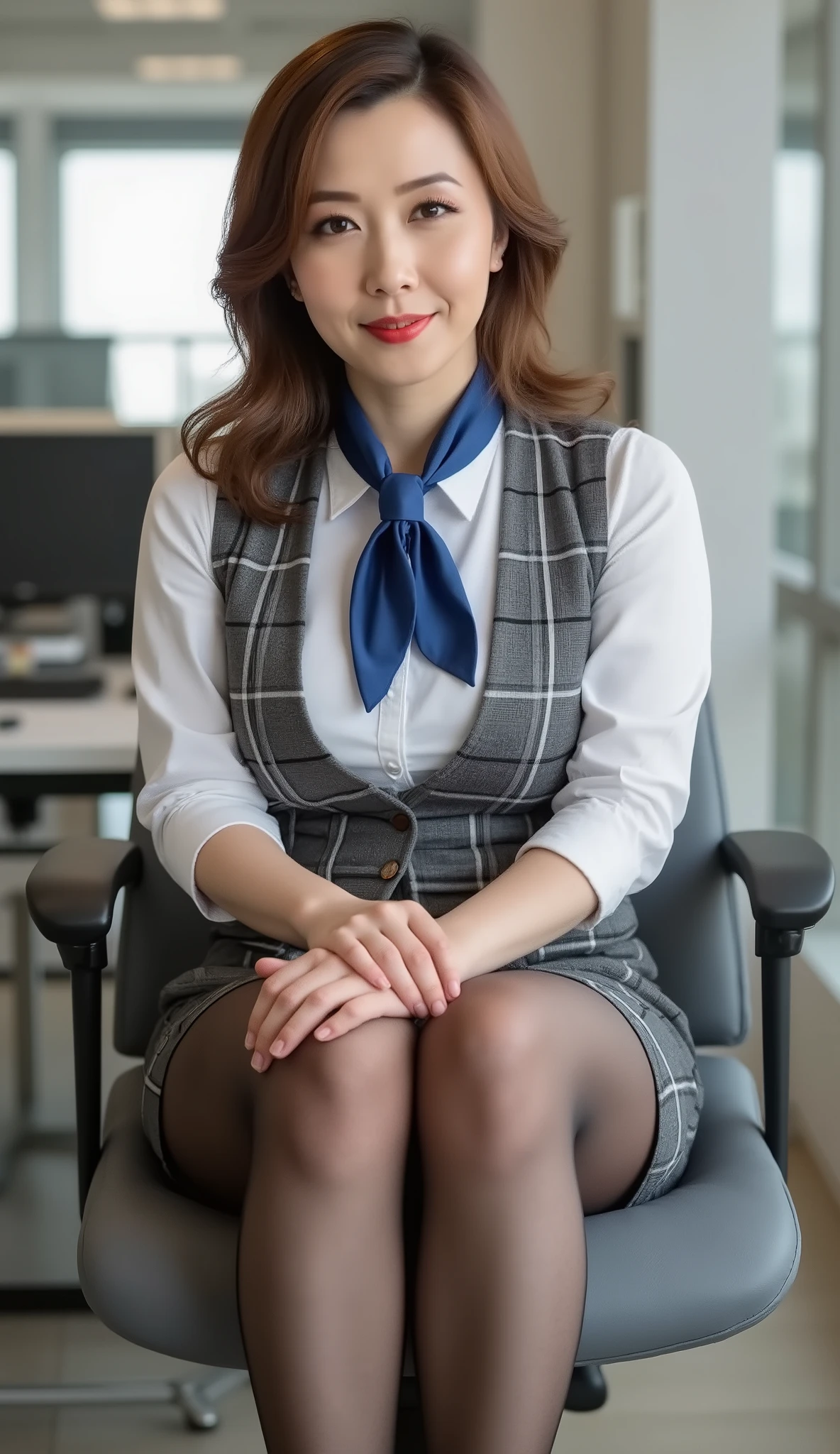 (Highest quality), (Ultra high resolution), (Ultra realistic texture of facial wrinkles), (Facial microstructure), (RAW photo:1.2), (Photoreal), (genuine:1.4), １japanese milf, perfect anatomy, 45 years old, plump body:0.3, plump thighs:0.4, look at the viewer, medium long hair, grey Plaid vest, short blue neckerchief, ((sit on the work chair, hands on the work chair)), (super realistic pantyhose:1.2), (high heels), (business services), in office, (sitting on the work chair with showing panties)