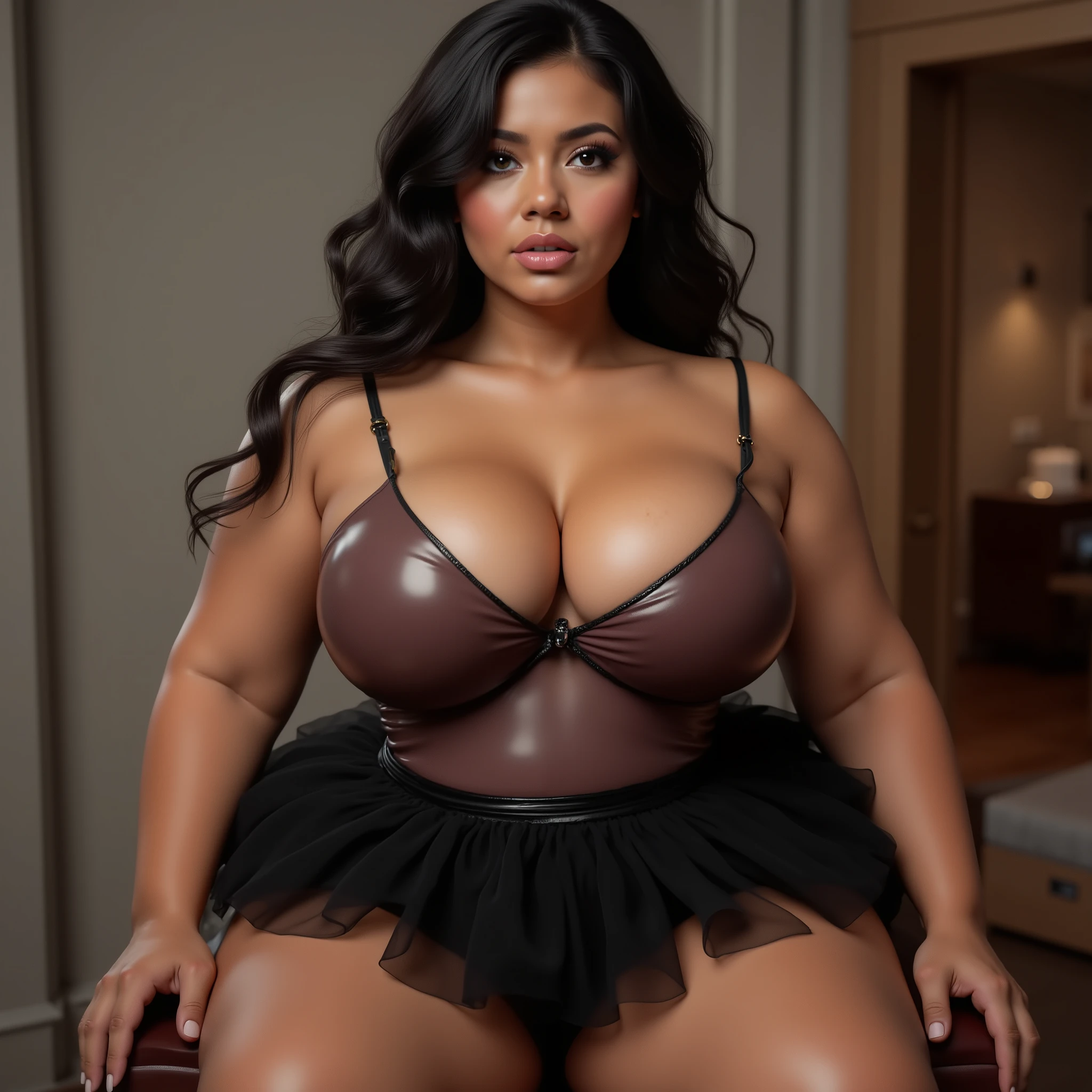 Runa,rinon ohshima,big breasts,Woman wearing latex tutu、With open arms、Bend knees and spread legs、close up of women