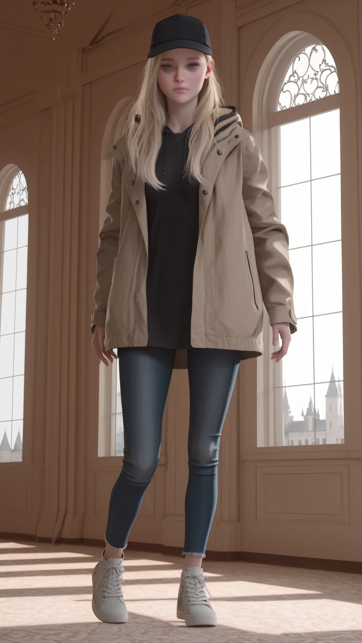 masterpiece, best quality, amazing quality, very aesthetic, absurdres, newest,   r0silf, 3d, 1girl, long hair, blonde hair, spiky hair, blue eyes, small breasts, baseball cap, jacket, hood down, jeans, sneakers, daytime, mansion, indoors, large windows, ballroom, front view, full body, 