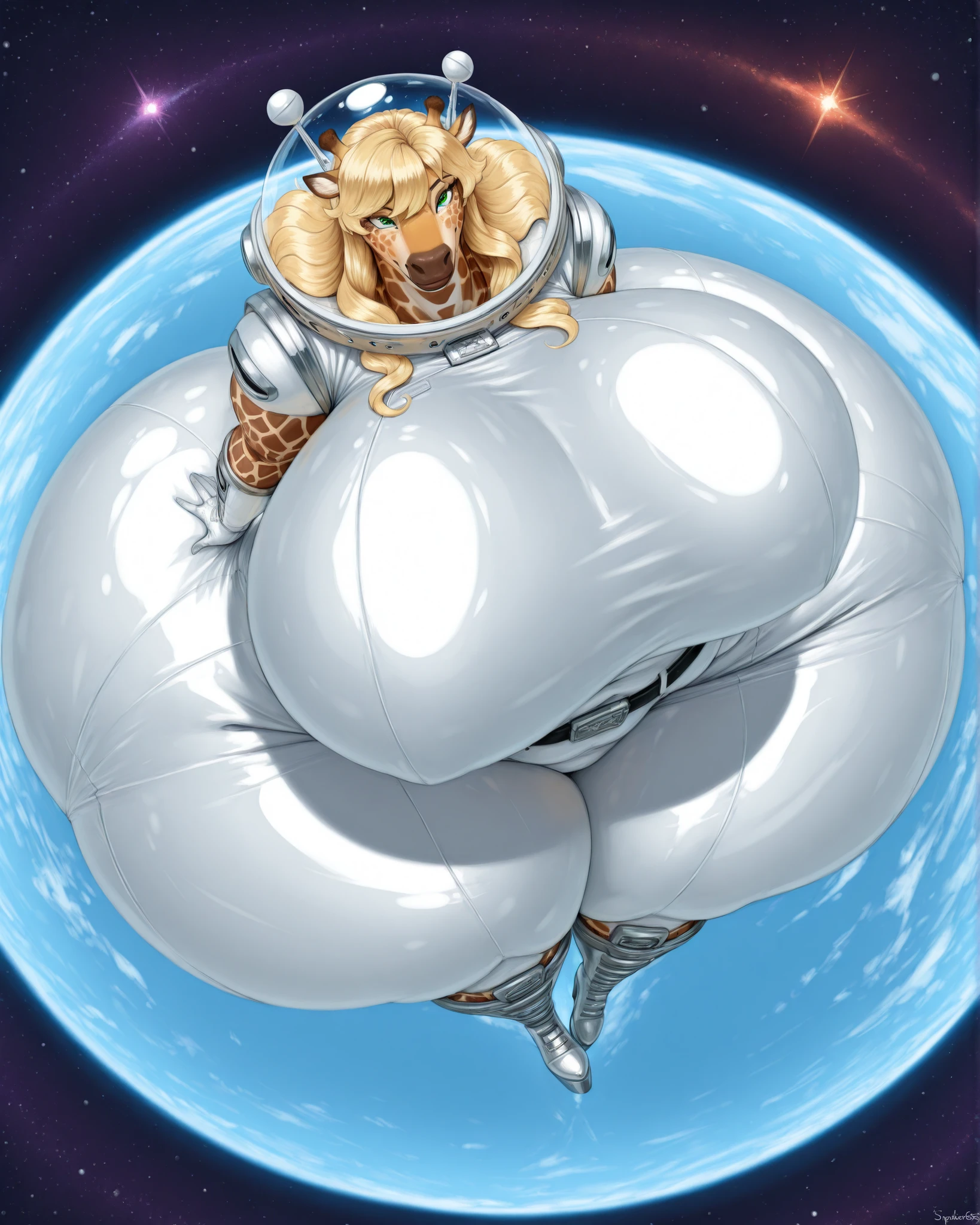giraffe, high, giraffe furry, ((long wavy blonde hair with long locks blonde hair)) ironic smile, ironic smile, thin waist, (( elegant astronaut costume, traje espacial blanco ajustado con details plateados y azules resaltando la silueta femenina, stylized transparent helmet under the arm, matching silver platform boots, belt with space accessories, background in space bright stars galaxies, floating in space, She in space, Planet Mars in the background)) dynamic position, Skinny legs, wide body, giraffe tail, soft shadows, realistic lighting, masterpiece, full HD 4k, perspective, details, soft shadows, efectos de realistic lighting, masterpiece, details definidos, HD FULL HD 8K, seen from above , centered image, punto de seen from above, green eyes, rostro detallado, details, perspective, perspective exagerada, perspective seen from above, seen from above, perspective de 360 grados, crooked image, details on screen , long neck, ( by Blackfox85), She alone, wide hips, thick thighs, hyper hips, huge breasts,gigantic breasts, gigantic ass, small waist ,plump ,voluptuous,venus body, ((by blackfox85))