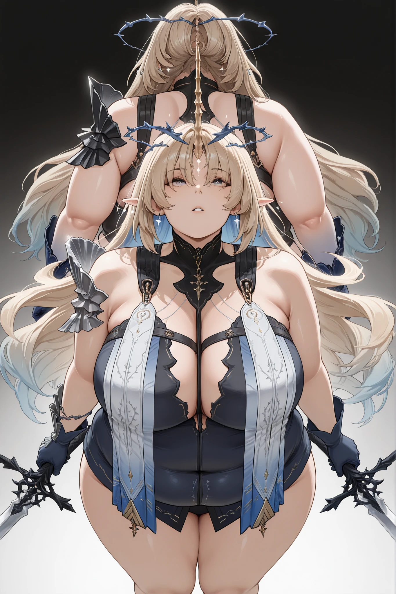 fat,chubby,plump,WeightChubby,(masterpiece,best quality), 2girls, gradient background, standing back to back, thighs ADDCOMM 1girl, fleurdelys, circlet, single horn, earrings, single pauldron, gaunlets, blue gloves, holding sword, looking up, looking at viewer, from above
