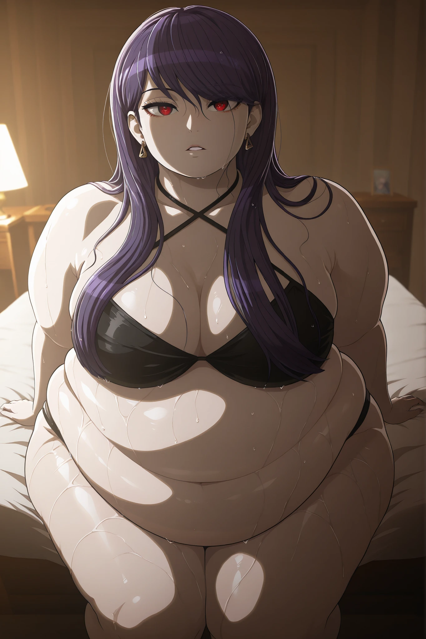 soft shadows, detailed highlights, natural lighting,bright lighting, dim light,high resolution,amazing quality,best quality,good lighting,very aesthetic,very awa,bedroom background,detailed eyes,detailed,anime coloring, masterpiece, best quality, highres, newest, 1girl, solo, official style, masterpiece, best quality, highres, newest, 1girl, solo, official style, hiruko, purple hair, long hair, red eyes, earrings, black bikini, halterneck, bedroom, indoor, wet body, hands on hair, expressionless, parted lips, looking at viewer, full body, WeightObese, fat, obese "First-person perspective (POV) of someone lying down on their back , looking up at another person sitting on their lap , facing them . The person sitting has a relaxed but dominant posture , their hands resting on the viewer’s chest or thighs . The scene captures an intimate and intense moment , with the sitting person making direct eye contact with the viewer . Soft lighting , slight depth blur to enhance immersion