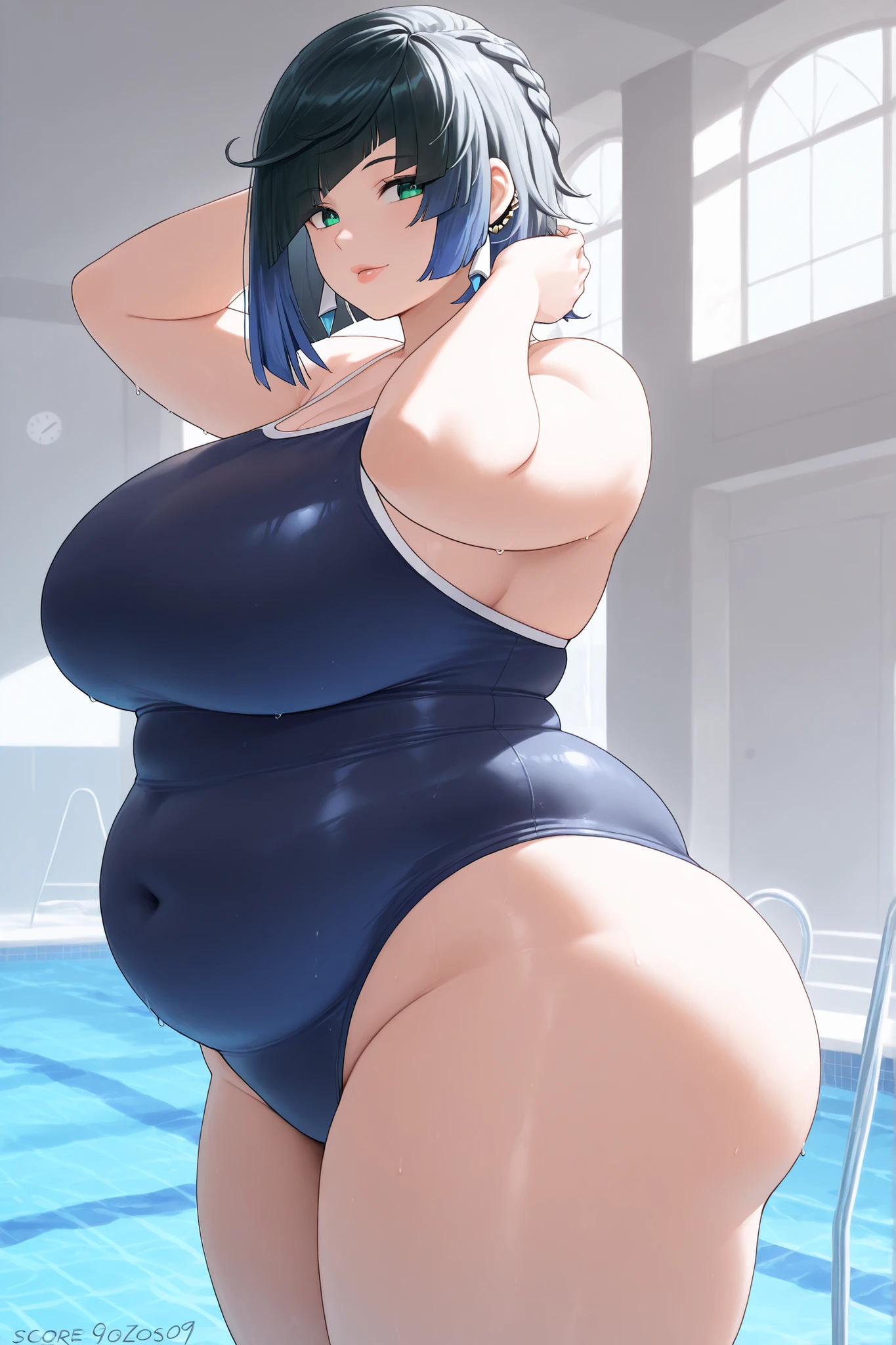 score_9, score_8_up, score_7_up, score_6_up, BREAK source_anime, look at viewer, rating_safe, 1girl, solo, masterpiece, best quality, high detailed skin, yelan \(genshin impact\), competition school swimsuit, pool, chubby, chubby girl, curvy, , lips, plump, thick thighs, thighs, (((oversized gigantic stomach)), curvy, , lips, plump, thick thighs, thigh, immobile, standing