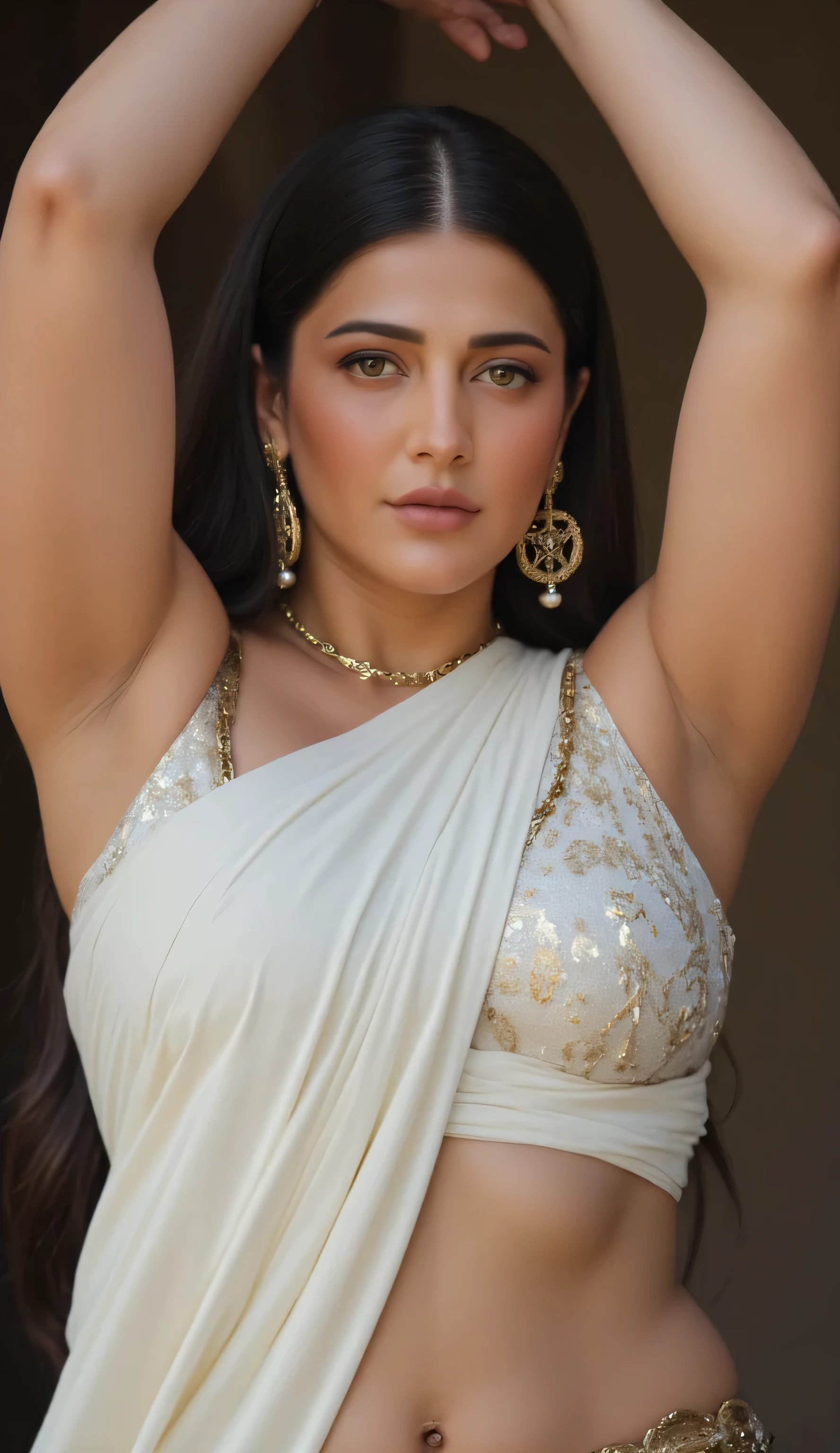 describe the image and the outfit in the image in detail with complete scenario
The image portrays a woman in a highly stylized dance or performance outfit, featuring elaborate gold-toned costume pieces and accessories. The overall aesthetic is luxurious and theatrical, with a focus on glamour and ornamentation.
### Outfit Details
- The upper garment is a shimmering gold sequined bra-style top, adorned with intricate embroidery and embellishments, creating a striking and opulent appearance.
- Draping from the top are multiple gold chains, which fall elegantly over the torso, adding movement and layering to the look.
- The lower garment is a heavily decorated belt or hip accessory, crafted with gold fringe, chains, and ornate motifs, reminiscent of belly dance costumes or performance attire inspired by Middle Eastern or fusion styles.
- Jewelry is a prominent element: the model wears chunky gold bangles, a statement necklace, long earrings, and additional hand and arm jewelry. The jewelry complements the metallic theme and elevates the overall grandeur.
- The entire ensemble is coordinated in shades of gold, emphasizing richness, festivity, and an exotic allure.
### Scenario and Setting
- The pose and styling suggest that the scenario is likely a dance performance, photoshoot, or artistic presentation that celebrates opulence and body adornment.
- The backdrop is neutral and dark, placing full emphasis on the shimmery costume and accessories, suggesting an indoor studio or stage setup.
- The dramatic pose, with arms raised and head turned, enhances the sense of performance, confidence, and bold self-expression. The attire, reminiscent of belly dance or fusion dance wear, is designed to capture attention and convey elegance with a touch of theatricality.both hands streched up above the head showing beautiful clean shave armpit up