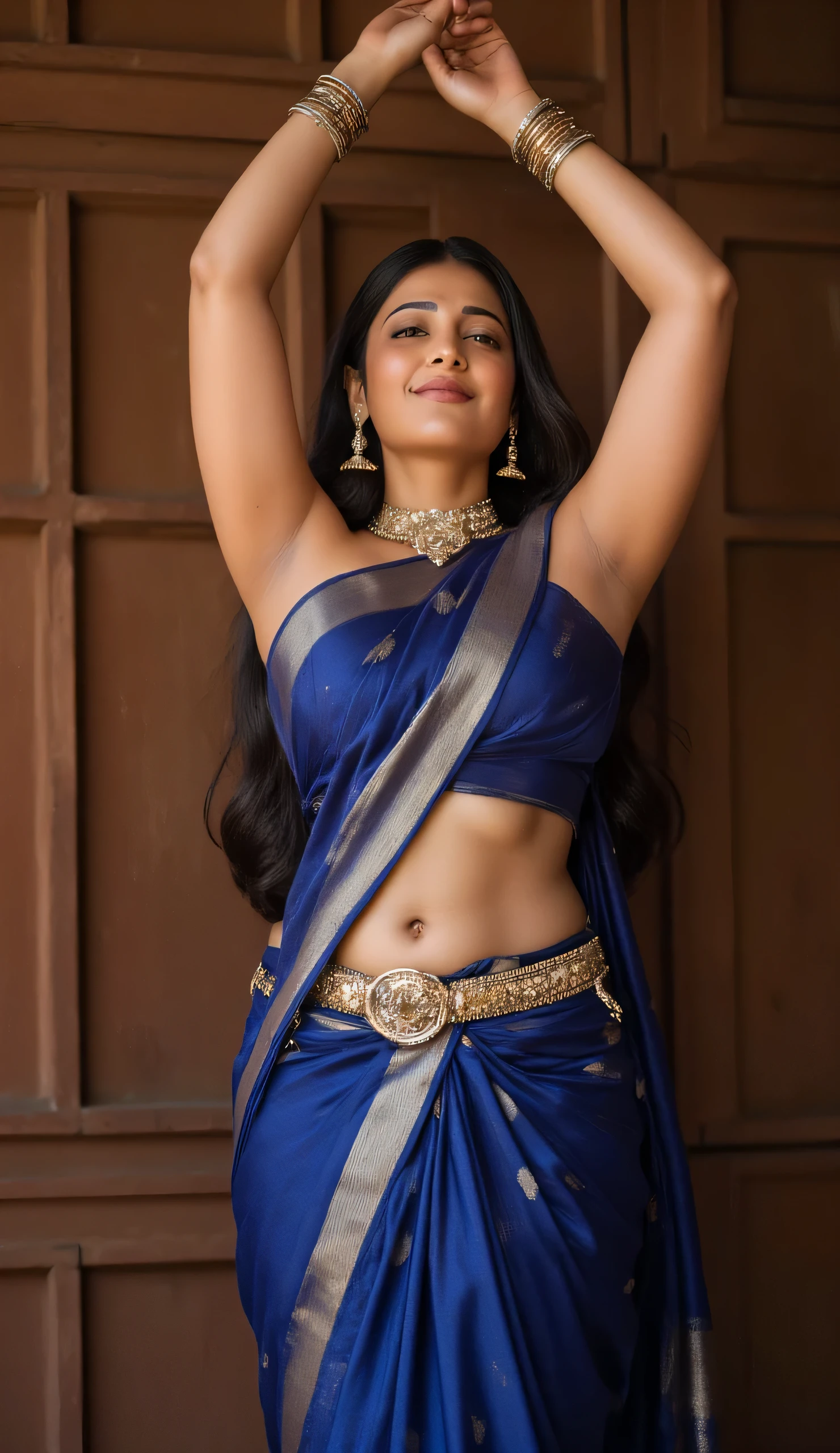 Front armpit pose,deep Closeup armpit,indian milf ((showing her sexy bubbly navel)), 35 year old,(masterpiece, best quality:1.2), 1woman, solo body photo,hair in back (( tall fleshy body)),mallu body, blue colour clothes (showing her navel), sexy ancient tamil princess with golden jewel and ornaments, bubbly navel, breasts,cleavage, brown hair, cleavage, large breasts, lips, lipstick, photorealistic, detailed facial features, surreal lighting, dramatic shadows, real life, realistic composition,no piercing,looking at viewer, at a palace ,no piercing, showing armpit in camera ancient period,both hands streched up above the head showing beautiful clean shave armpits up, showing full armpit clearly without hair, beautiful smile 