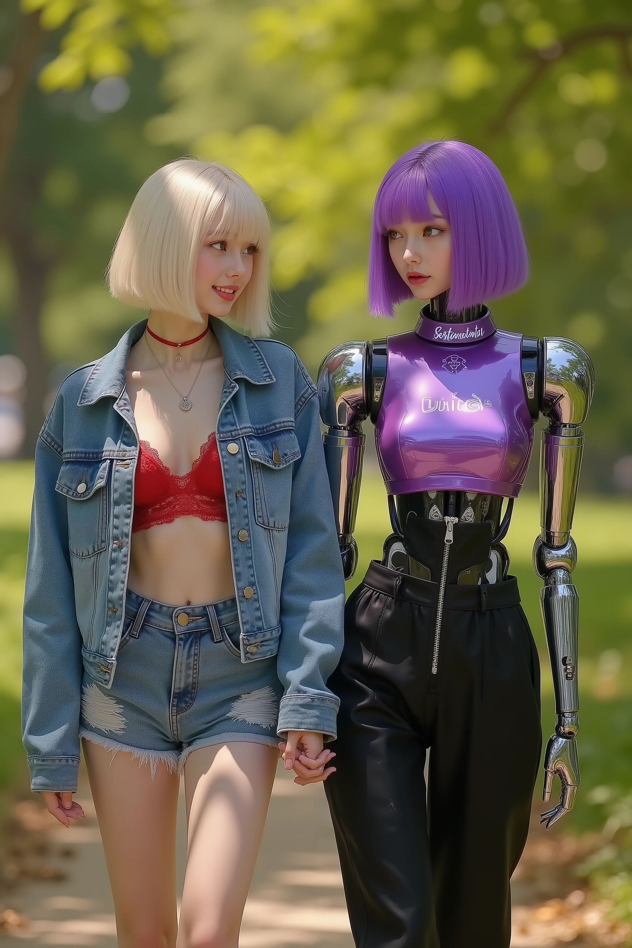 8k photorealistic scene of a 16-17-year-old Japanese girl with a blonde bob haircut, brown almond eyes, and a bright playful mischievous smile, wearing an unbuttoned denim jacket over a lacy red bralette and unzipped short denim shorts, walking hand-in-hand in a sunny park with a female android companion who has purple bob haircut, "Sentimental AI" engraved in glowing letters on her collar, her body mostly human-like with smooth skin and stylish cyberpunk purple jumpsuit and black pants, but arms designed as ball-jointed doll style with cybernetic metallic joints and neon accents, vibrant sunny daylight casting crisp highlights on their faces and fabrics, highly detailed joint mechanisms and hair strands, realistic joyful interaction with shallow depth of field and blurred green foliage background