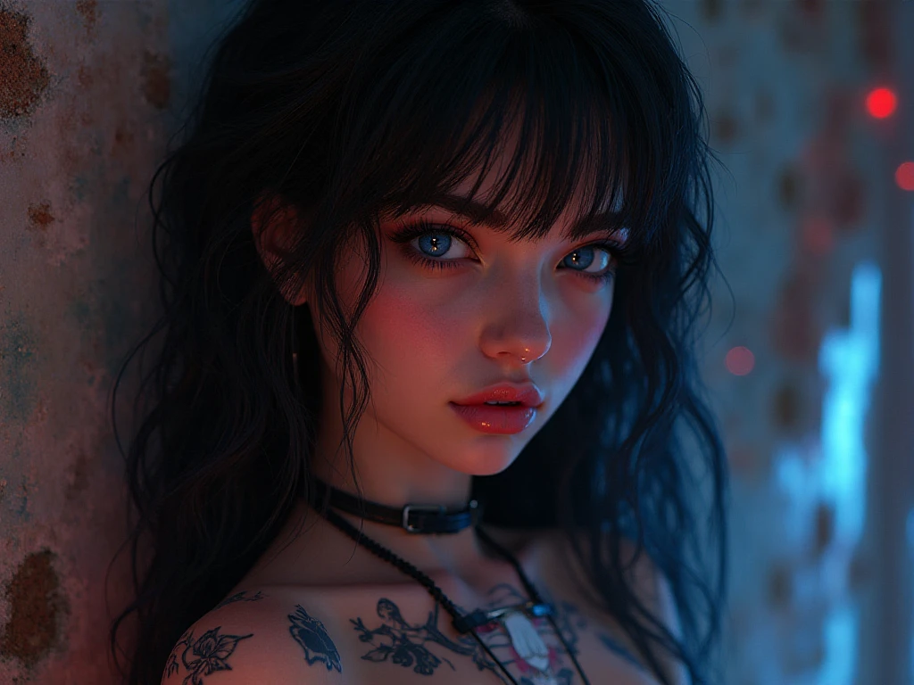 work of art, best qualityer,Trabalho de renderização 3d ,Estilo 3dMM,close up,portraite, 3d,1 girl, standing alone, multicolored hair, hair blue, Bblack hair, necklase, freckles, jewerly, two tone hair, looking at side, realisitic, trunk, simple background, bangss, looking away, shorth hair, parted lips, eyes black, lips, Gothic, choker, make up, wart, black , , mark d'water