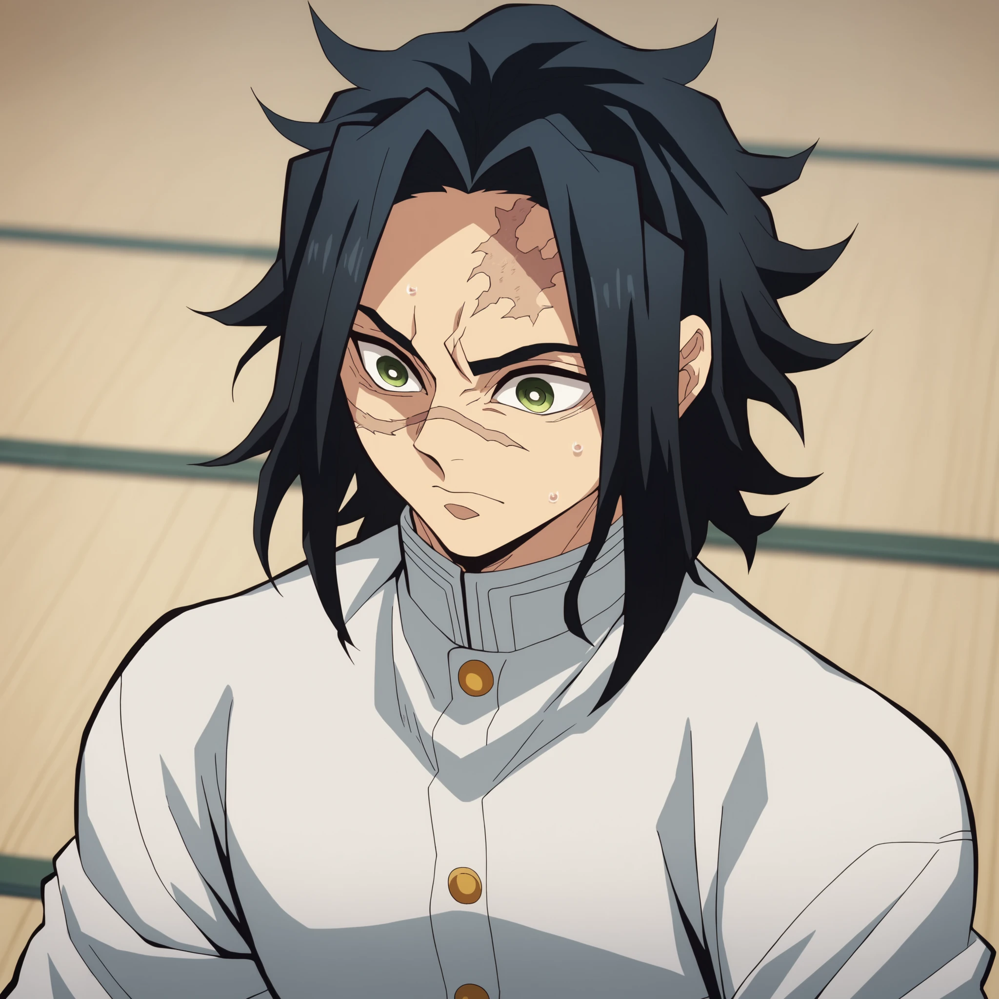 anime screencap, season 4 ufotable studio, boy, black hair, shoulder-length hair, square, hair in a fluffy, the black strand, fighter uniform with a black undertone, red haori, green eyes, scar on face, weapons are black fans with patterns, reference sheet, make it from three sides: back, front, and side