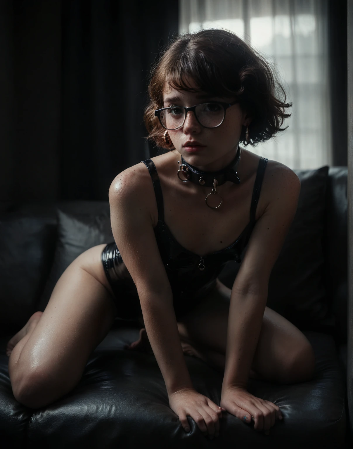 Sophia Lillis, plump body, long wavy hair, thick thighs, wide , photo studio, tight fishnet 
