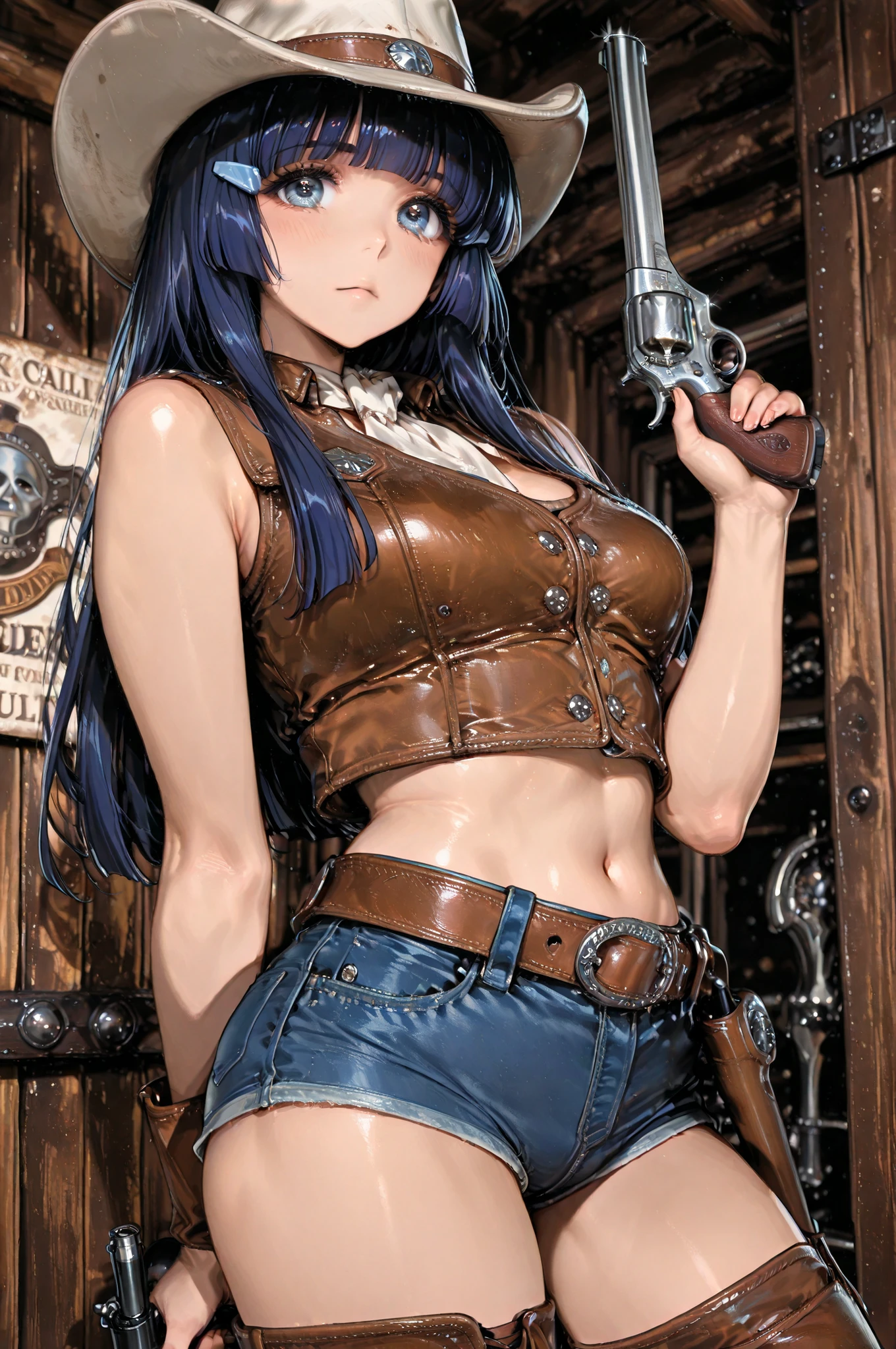 aokireika, aoki reika, long hair, blue hair, blue eyes,(masterpiece:1.3), 8K, best quality, ultra high resolution, (1 girl),
female cowgirl, cowboy costume, cowboy hat, leather vest , Denim Shorts, Leather Western Boots, Gunbelt, used Colt revolver pistol, Aim with a pistol from a horseback, American Western Movie Background