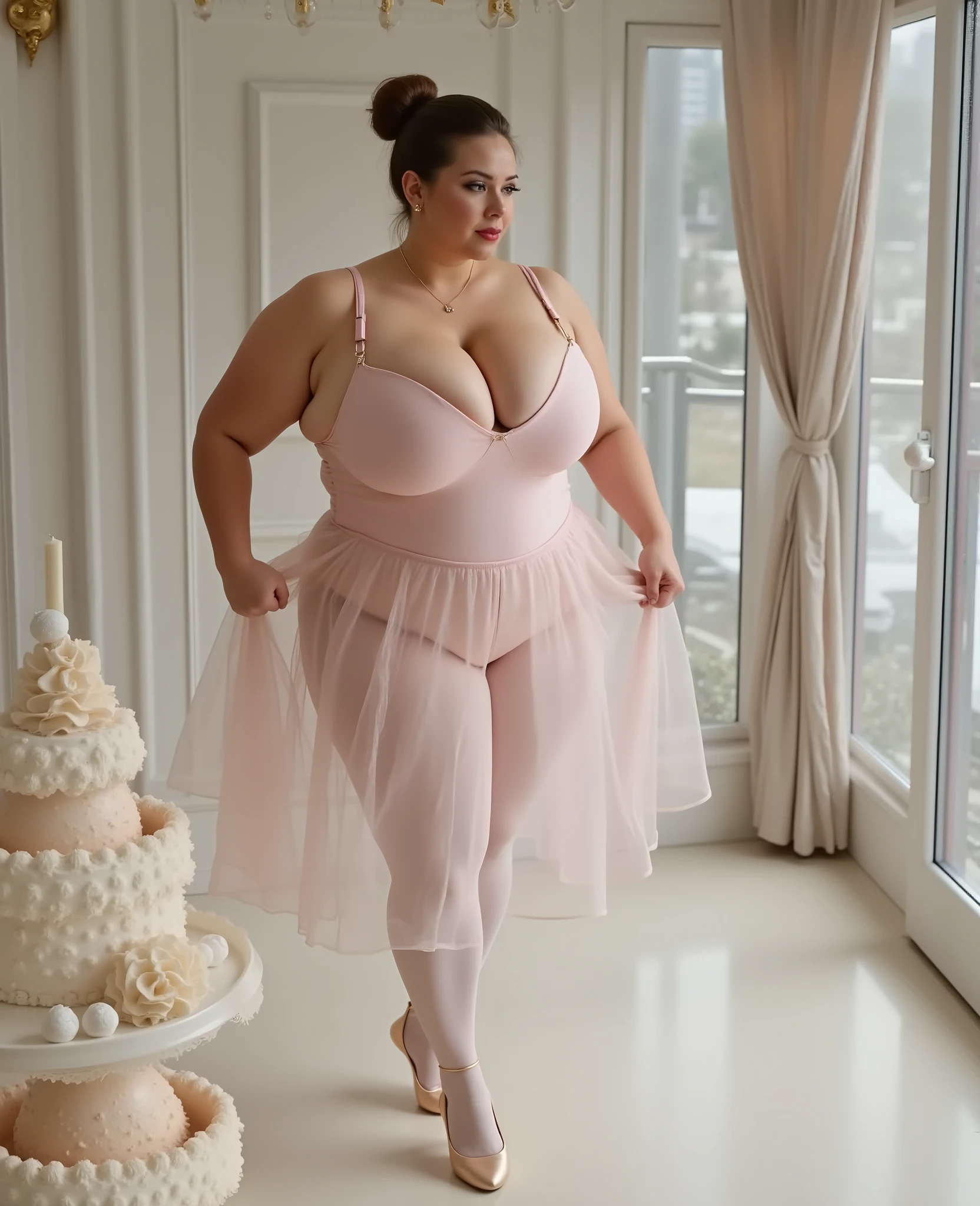 Sexy chubby Ballerina. Pink. She dances and eats cream cake.  Photorealistisch.