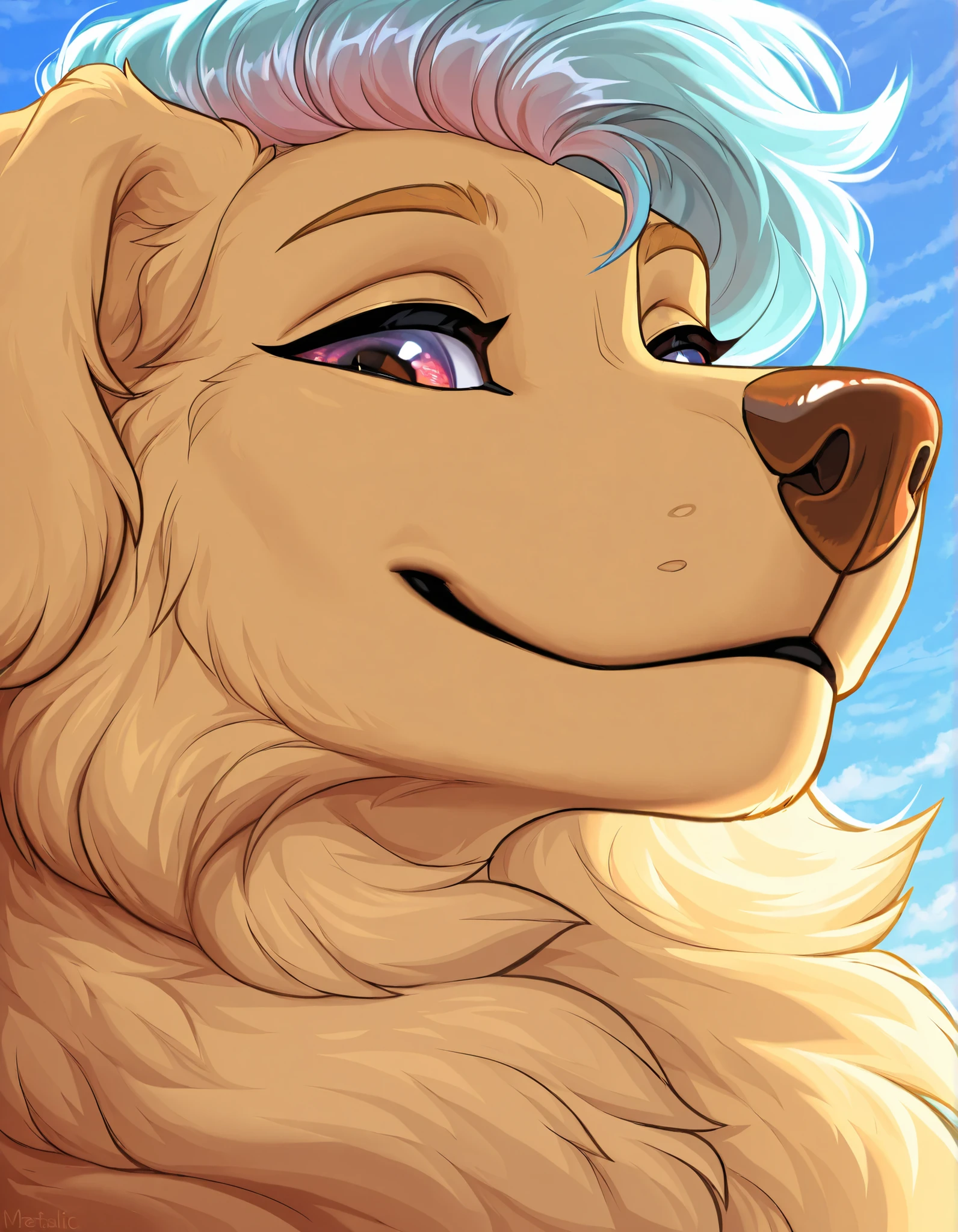 chrome hair, metalic fur, dog (golden retriever), close up ,furry anthro, exuding heat, heatwaves, detailed eyes