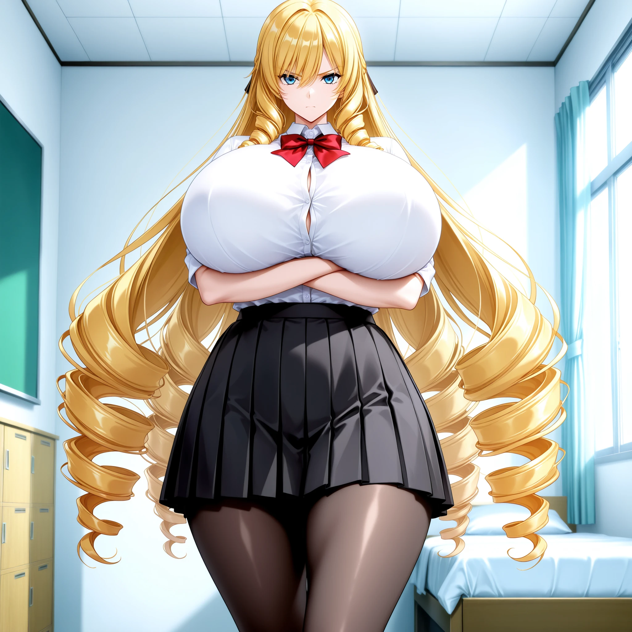 1 girl, blonde hair, very long hair, drill hair, , school uniform, white shirt, black skirt, leggings, tights, standing, facing viewer, looking at viewer, serious, arms crossed, bedroom
