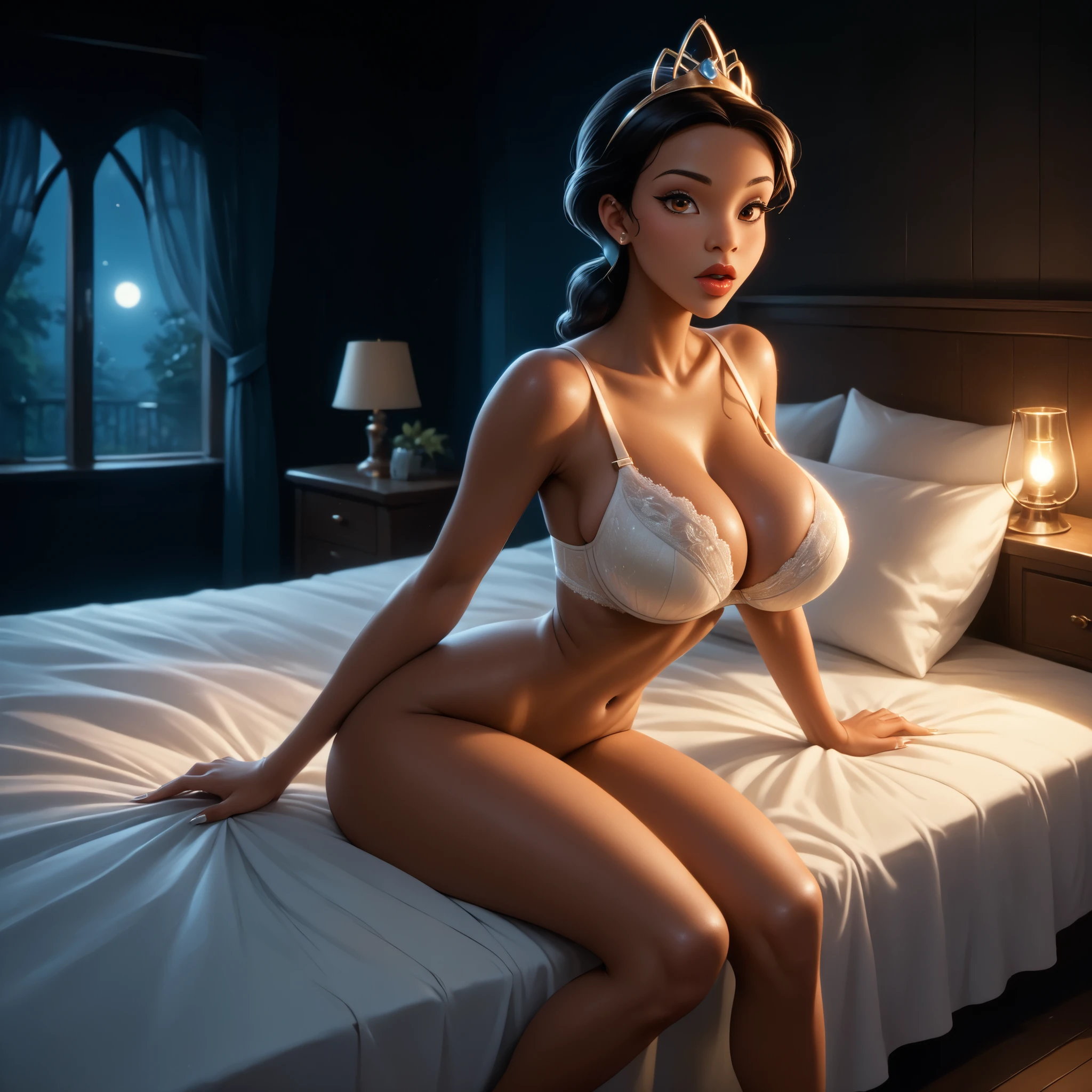 princess tiana, disney, sexy, big breast, saggy breast, dark brown skin, bra, sit, legs, on bed, dark background, night, orange lighting effect from outside
