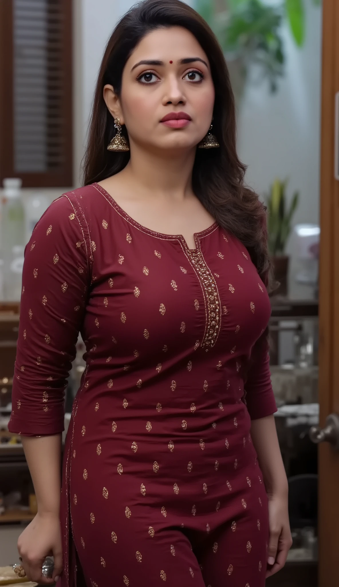 Indian curvy maturre milf Bhabhi. Sexy chubby women. Wearing dark maroon perfect fit tight full sleeve side cut kurti with dark green leaf patterns desiign.   Same colour loose fit  cotton  leggings. Thight hot butt visible. Tight round 38d breasts. Huge cleavage is visible through her U shape open dress cleavage. She is washing kitchen platform at night time. White tube light lighting. Glossy white coloured tiles are on the wall. Extremely sexy view from of that women far from her kitchen window. She's looking at viewer. Viewer is looking her from far through that women's small kitchen window. 