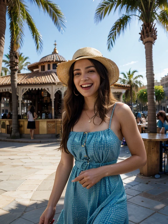 Femme mexicaine, 30 ans, cheveux ondulés, peau brune, yeux sombres, sourire, vêtements d'affaires mexicains, robe , réaliste, avec une expérience dans un marché dynamique, 8k super réaliste, detallada y réaliste. (A 30-year-old Femme mexicaine, cheveux ondulés, peau bronzée, yeux sombres, souriant, porter une tenue de travail traditionnelle mexicaine, fond de marché dynamique, de haute qualité et réaliste.)