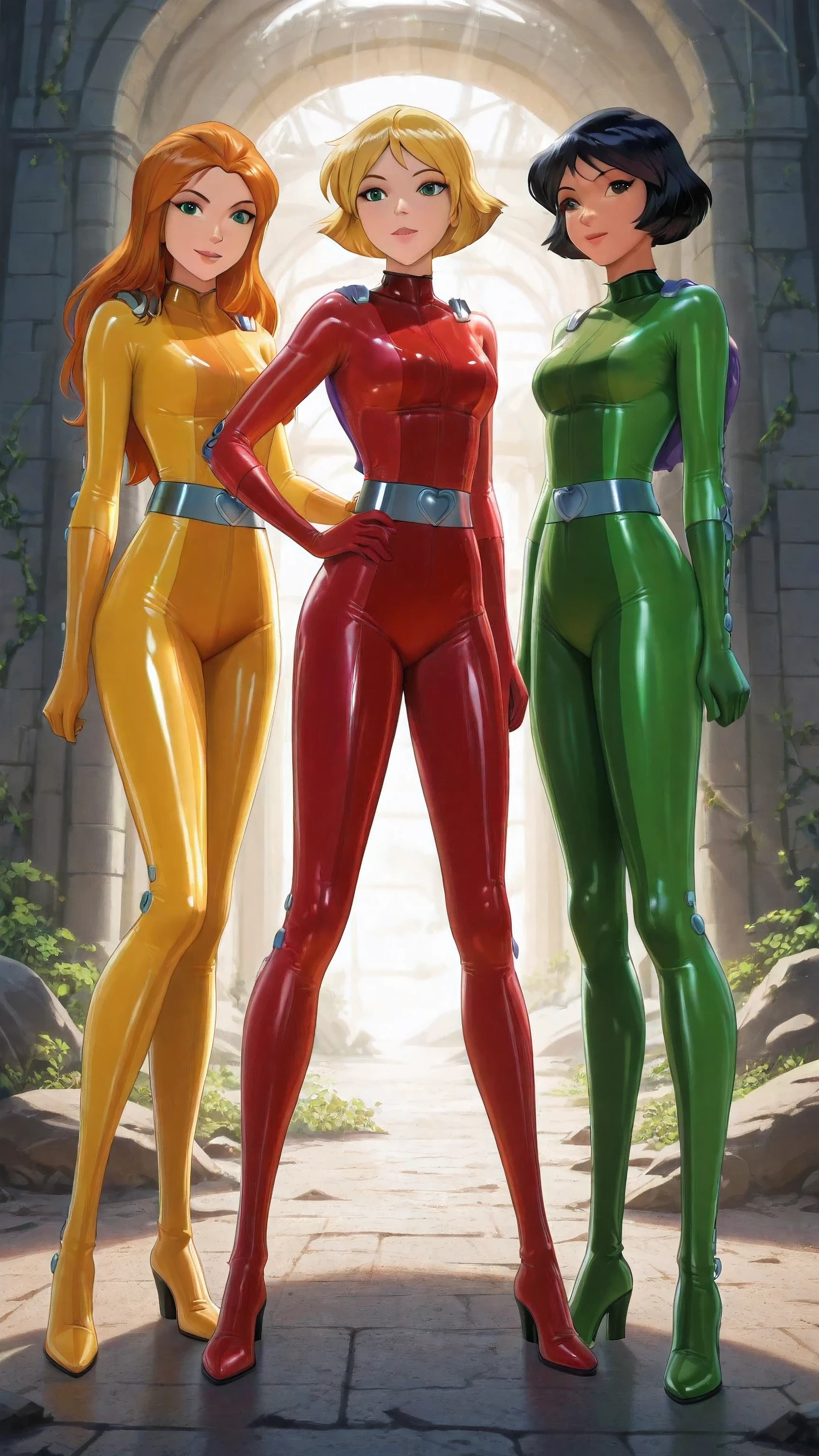 3 filles,Un rendu 4K cinématographique des trois personnages de Totally Spies posant sous une structure en béton futuriste. Sam in a shiny green latex combinaison, Clover in a glossy red latex combinaison, and Alex in a glowing yellow latex combinaison. Chaque costume est ultra-réfléchissant, peauserré, avec des coutures détaillées, futuristic high-tech ceintures and glowing blue emblems at the waist. Ils se tiennent avec confiance dans des poses d'action d'espionnage dynamiques, portant des talons hauts assortis, avec des traits de visage réalistes, détails nets, et des couleurs vibrantes. La scène a un éclairage cinématographique, la lumière chaude du soleil projetant des ombres sur le sol, texture latex hyper-réaliste, mise au point ultra précise, Résolution 4k, niveau de détail élevé.,alex \(totalement espions\), cheveux courts, cheveux noirs, yeux marron, , combinaison jaune, ceinture , alex cheveux courts cheveux noirs yeux marron dark peau tan lipstick, yellow combinaison,gants jaunes,latex combinaison,whoop combinaison Trèfle \(totalement espions\), cheveux blonds, cheveux courts, combinaison rouge, ceinture, [seins],gants rouges, , combinaison,whoop combinaison, haute qualité, chef-d'œuvre,Trèfle \(totalement espions\), cheveux blonds, cheveux courts, yeux bleus, ,Sam \(totalement espions\), cheveux orange, cheveux longs, yeux verts,dessin animé, totalement_espions_2k24, Sam, cheveux orange, yeux verts, combinaison verte,latex, peau_serré