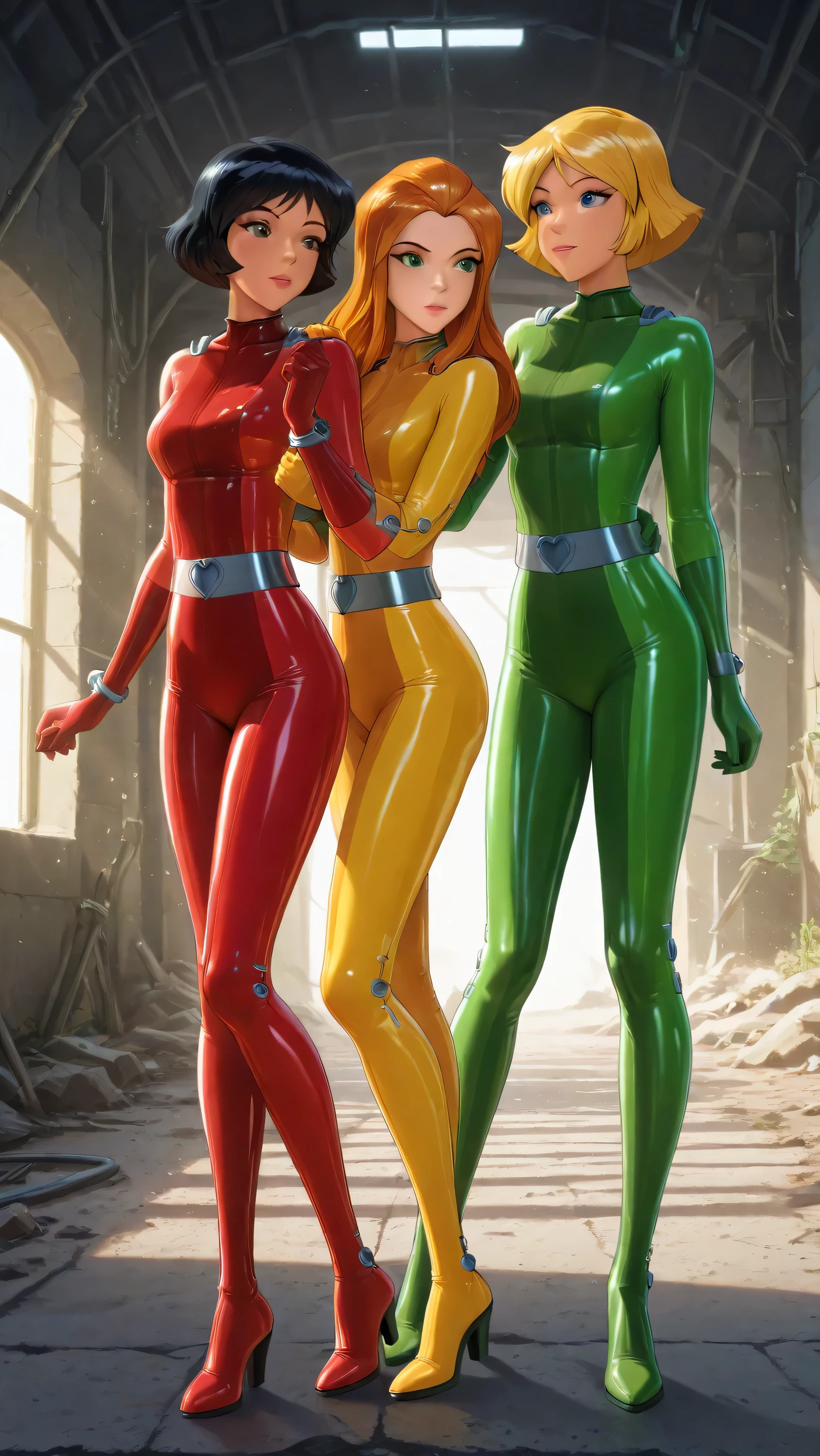 3 filles,alex cheveux courts cheveux noirs yeux marron dark peau tan lipstick, yellow combinaison,gants jaunes,latex combinaison,whoop combinaison Trèfle \(totalement espions\), cheveux blonds, cheveux courts, combinaison rouge, ceinture, [seins],gants rouges, , combinaison,whoop combinaison, haute qualité, chef-d'œuvre,Trèfle \(totalement espions\), cheveux blonds, cheveux courts, yeux bleus, ,Sam \(totalement espions\), cheveux orange, cheveux longs, yeux verts,dessin animé, totalement_espions_2k24, Sam, cheveux orange, yeux verts, combinaison verte,latex, peau_serréA cinematic 4K render of the three Totally Spies characters posing under a futuristic concrete structure. Sam in a shiny green latex combinaison, Clover in a glossy red latex combinaison, and Alex in a glowing yellow latex combinaison. Chaque costume est ultra-réfléchissant, peauserré, avec des coutures détaillées, futuristic high-tech ceintures and glowing blue emblems at the waist. Ils se tiennent avec confiance dans des poses d'action d'espionnage dynamiques, portant des talons hauts assortis, avec des traits de visage réalistes, détails nets, et des couleurs vibrantes. La scène a un éclairage cinématographique, la lumière chaude du soleil projetant des ombres sur le sol, texture latex hyper-réaliste, mise au point ultra précise, Résolution 4k, niveau de détail élevé.,alex \(totalement espions\), cheveux courts, cheveux noirs, yeux marron, , combinaison jaune, ceinture , alex cheveux courts cheveux noirs yeux marron dark peau tan lipstick, yellow combinaison,gants jaunes,latex combinaison,whoop combinaison Trèfle \(totalement espions\), cheveux blonds, cheveux courts, combinaison rouge, ceinture, [seins],gants rouges, , combinaison,whoop combinaison, haute qualité, chef-d'œuvre,Trèfle \(totalement espions\), cheveux blonds, cheveux courts, yeux bleus, ,Sam \(totalement espions\), cheveux orange, cheveux longs, yeux verts,dessin animé, totalement_espions_2k24, Sam, cheveux orange, yeux verts, combinaison verte,latex, peau_serré