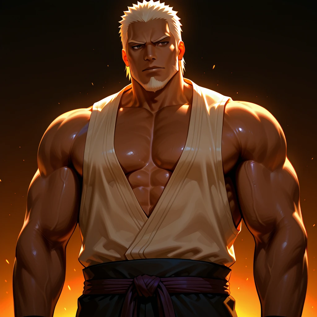 black man realistic adult male anime character with very dark black skin, gloomy face, blond hair and mustache, blue eyes and wearing a white kimono showing muscles --auto