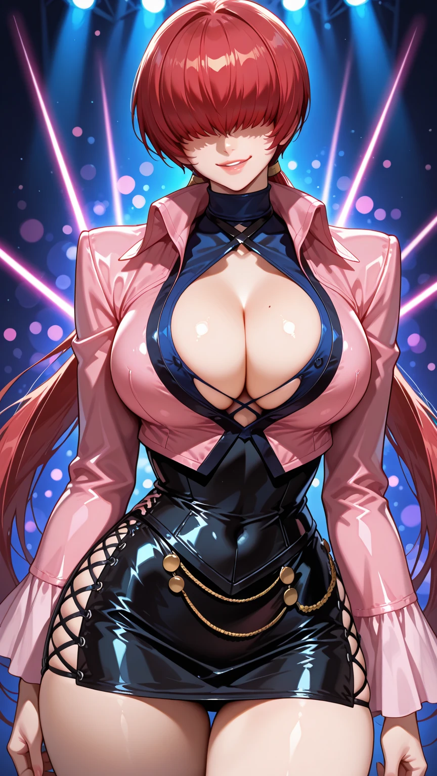 Masterpiece, highres, high Quality, detailed face, detailed body render, 1girl, solo, hinata-sleeveless-outfit, , big , sleeveless shirt, fishnet top, dark lips, unzipped jacket, no bra,  out, , standing, blushes, (on bedroom)