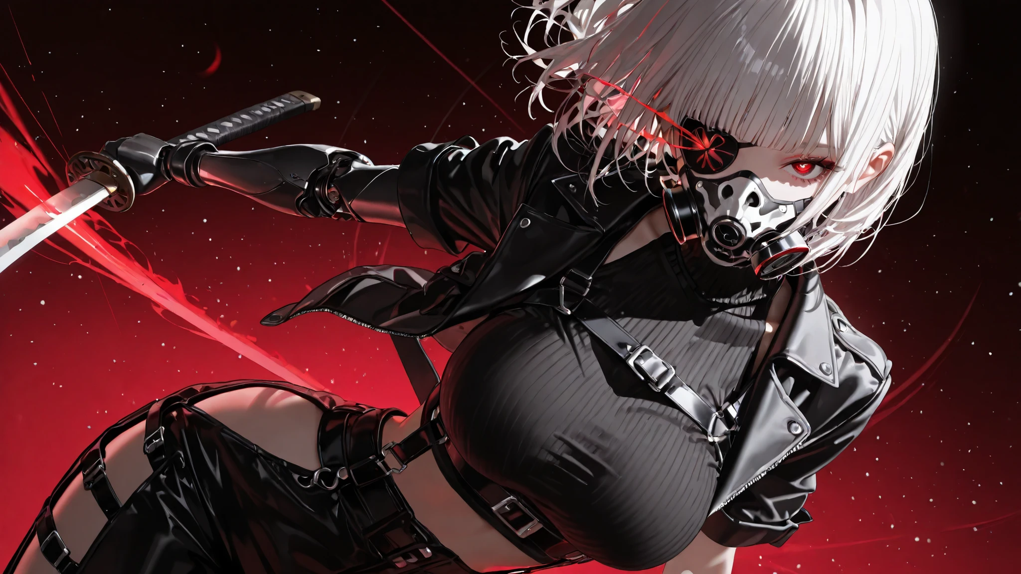 kafka02_illu, usnr, maorix, MASTERPIECE, BEST QUALITY, AMAZING QUALITY,
HIGHRES, ABSURDRES, HIGH RESOLUTION,
INTRICATE DETAILS, ULTRA DETAILED, PERFECT DETAILS,
VERY AESTHETIC, AI-ASSISTED,
(john kafka:1.3), void 0, redum4, diyokama, ( rei \(sanbonzakura\):1.1 ), ask \(askzy\), (fajyobore:0.8), fkey, putama, (eonsang:0.3), ciloranko, healthyman, gebijiade_89, mx2j, (eonsang:0.5), (monaim:0.8), (zurikishi:0.6), (ratatatat74:0.4),
(1girl, solo:1.4), red eyes, breasts, (eyepatch:1.2), white hair, short hair, collarbone, blunt bangs, mask, short sleeves, shirt, looking at viewer, katana, red background, holding katana, black shirt, sheathed, respirator, oxygen mask, skull mask, (mechanical eye, artificial eye, lens eye), glowing eye, eye trail, light particles, prosthetic arm, single mechanical arm, large breasts, sleeveless turtleneck, sleeveless, turtleneck, crop top, jacket, chest strap, Suspenders Underbust Belt, thigh cutout, revealing clothes, sideless outfit, clothing cutout, unzipped, torn clothes, midriff, upper body,
Abstract background, artistic and avant-garde background, dynamic angle, (dynamic pose:1.4),
anime flying slash, glowing slash trail, crescent moon blade, energy arc, manga action lines,
MASTERPIECE, BEST QUALITY, AMAZING QUALITY,
HIGHRES, ABSURDRES, HIGH RESOLUTION,
INTRICATE DETAILS, ULTRA DETAILED, PERFECT DETAILS,
VERY AESTHETIC, AI-ASSISTED,