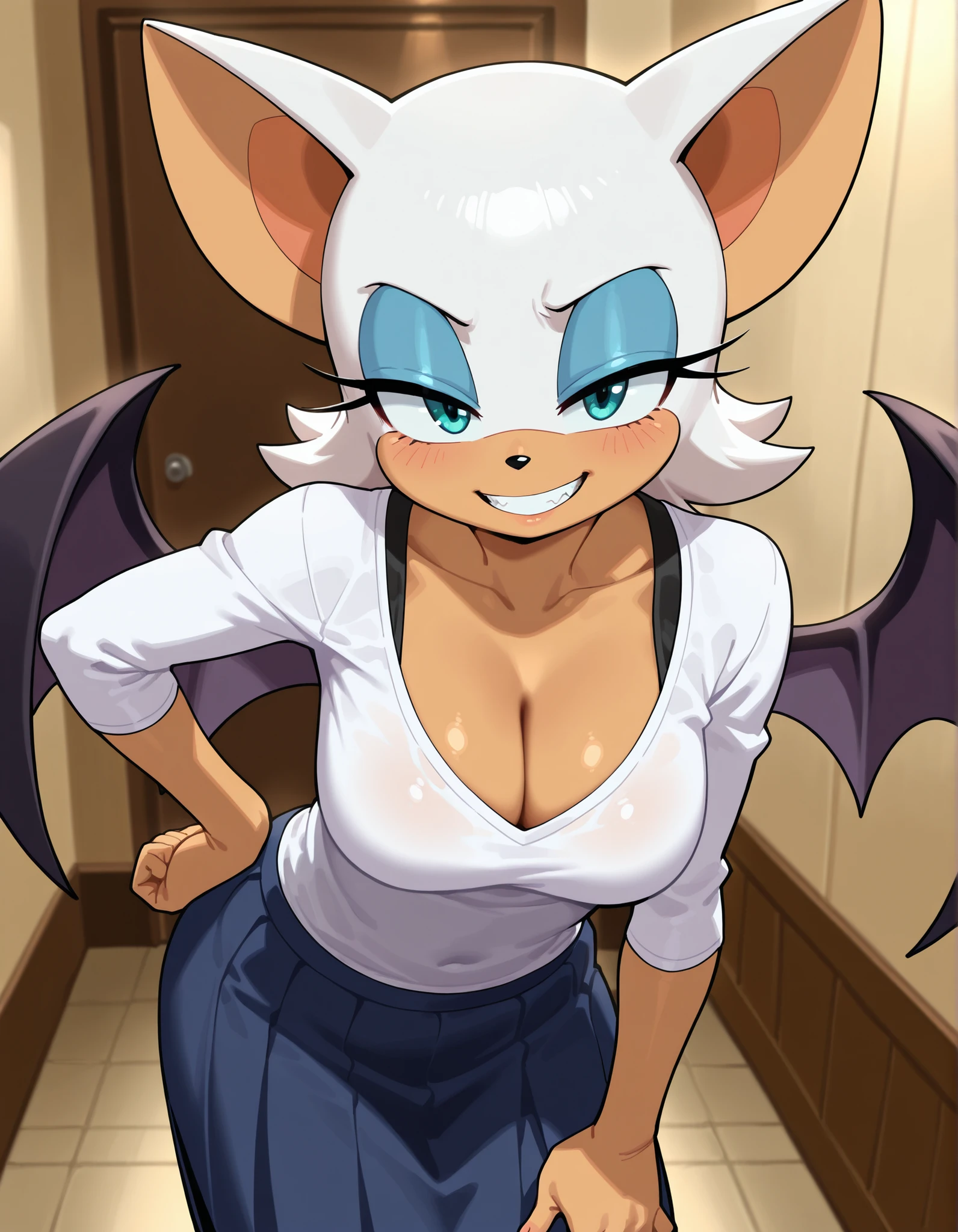 masterpiece, best quality, amazing quality, very aesthetic, absurdres, source furry, Rouge the bat, ((short body)), half closed eyes, cyan eyes, look, indoors, backstage background, looking at viewer, grin, Uzaki Hana cosplay, sleeve shirt, deep cleavage, blue plead skirt, , standing, pose, one hand on hip