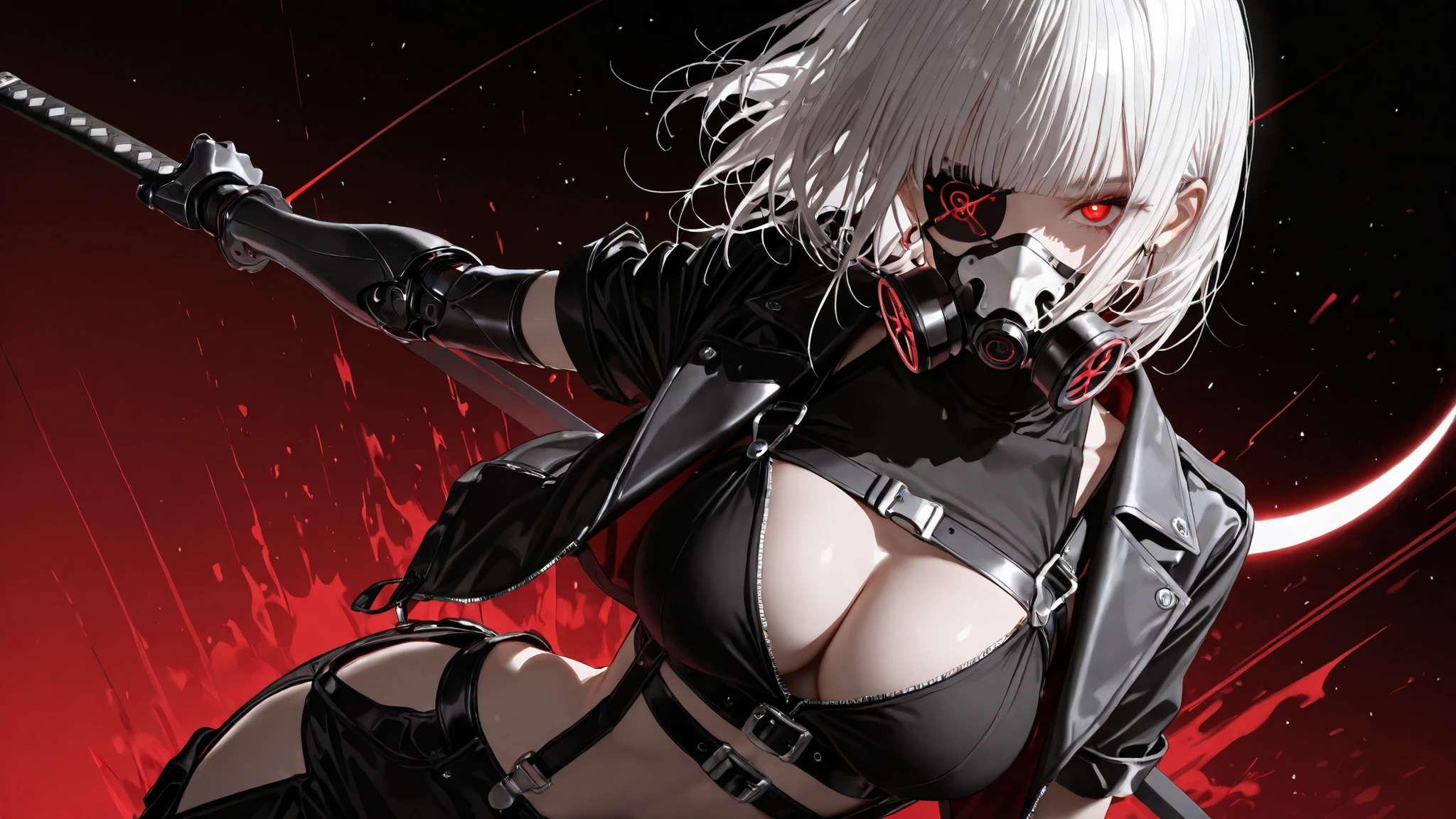 kafka02_illu, usnr, maorix, MASTERPIECE, BEST QUALITY, AMAZING QUALITY,
HIGHRES, ABSURDRES, HIGH RESOLUTION,
INTRICATE DETAILS, ULTRA DETAILED, PERFECT DETAILS,
VERY AESTHETIC, AI-ASSISTED,
(john kafka:1.3), void 0, redum4, diyokama, ( rei \(sanbonzakura\):1.1 ), ask \(askzy\), (fajyobore:0.8), fkey, putama, (eonsang:0.3), ciloranko, healthyman, gebijiade_89, mx2j, (eonsang:0.5), (monaim:0.8), (zurikishi:0.6), (ratatatat74:0.4),
(1girl, solo:1.4), red eyes, breasts, (eyepatch:1.2), white hair, short hair, collarbone, blunt bangs, mask, short sleeves, shirt, looking at viewer, katana, red background, holding katana, black shirt, sheathed, respirator, oxygen mask, skull mask, (mechanical eye, artificial eye, lens eye), glowing eye, eye trail, light particles, prosthetic arm, single mechanical arm, large breasts, sleeveless turtleneck, sleeveless, turtleneck, crop top, jacket, chest strap, Suspenders Underbust Belt, thigh cutout, revealing clothes, sideless outfit, clothing cutout, unzipped, torn clothes, midriff, upper body, cleavage, cleavage focus,
Abstract background, artistic and avant-garde background, dynamic angle, (dynamic pose:1.4),
anime flying slash, glowing slash trail, crescent moon blade, energy arc, manga action lines,
MASTERPIECE, BEST QUALITY, AMAZING QUALITY,
HIGHRES, ABSURDRES, HIGH RESOLUTION,
INTRICATE DETAILS, ULTRA DETAILED, PERFECT DETAILS,
VERY AESTHETIC, AI-ASSISTED,
