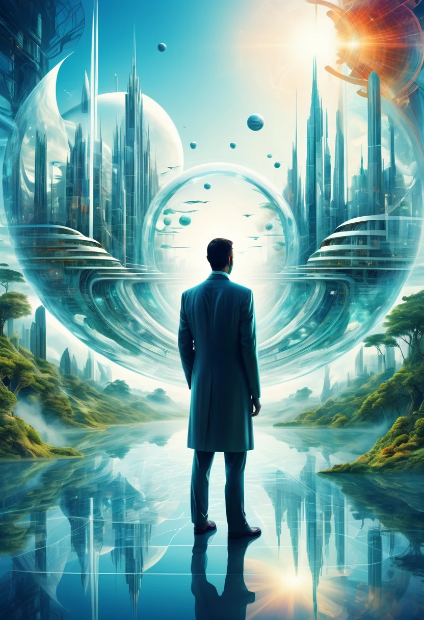 Dubrec style， person avatar，Vision of the future utopian world image，（multiple exposure：1.8），Complex illustrations in surrealist art style，Surreal dreams，Future utopian world dream