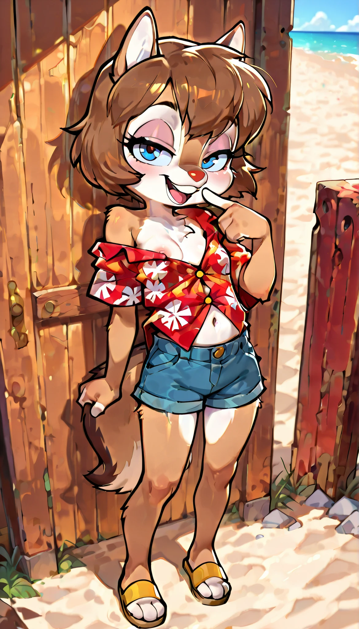 score_9, score_8_up, score_7_up, score_6_up,, hi_res, furry_source, absurdres, masterpiece, best quality, amazing quality, Chip'n Dale Rescue Rangers, 1girl, solo, alone, Femdale, furry, anthro, chipmunk girl, brown fur, blue eyes, chipmunk tail, red nose, brown hair, short hair, bangs, short body, short stature, ((red hawaiian shirt, one button fastened, claveage, off shoulder, denim shorts, sandals)), full body, feets with three toes, small breasts, navel, (very skinny:1.0), (Small, Short:1.1), (young cub:1.2), spread buckteeth, beach on background, action pose, standing, smile, looking at viewer, seductive stare, leaning back, looking ahead, one finger on tongue, open mouth, seductive smile, detailed fur,