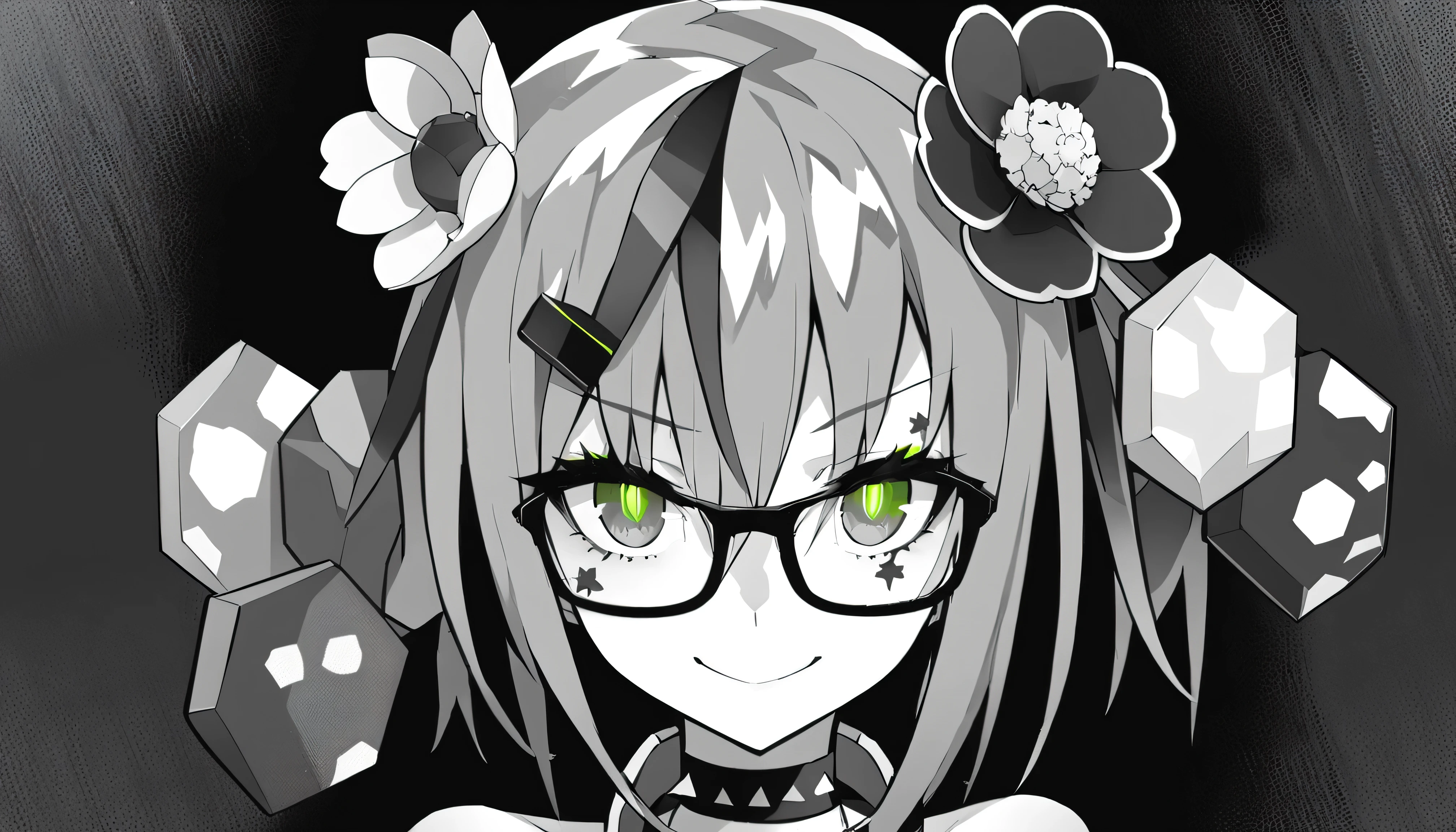 masterpiece, Highest Quality, one girl, （(桜の花のピンクのhair ornaments)）、Spikes, solo, Glasses、headphones for listening to music ,  Color Difference, power symbol, Smile Yan, hair ornaments, spiked Color, Gamer, Illness, monochrome, headphones for listening to music around neck,yandere, ((Black background)), Color, watching viewers, Bare Shoulders,Speckled color , green eyes, hair between eyes,（(桜の花のピンクのhair ornaments)）、 choker, grayscale, portrait