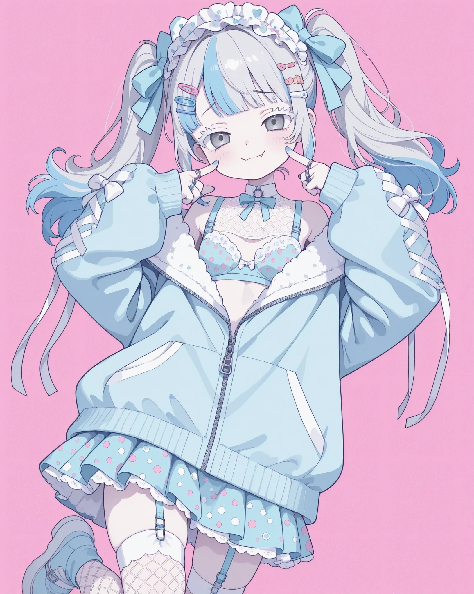 masterpiece, highest quality, 8k uhd, 1 girl, yami kawaii, anime style, cowboy shot
dynamic jumping motion, legs lifted, feet not touching the ground, cute,cute,cute,Smug face, closed mouth and fangs,
baby blue hair, Ponytail hairstyle,silver hair clips, white eyelashes, deep gray eyes without sparkle, pale pinkish skin, Fingers touching cheeks, blue nail polish
two-tone(pink and blue)harajuku outfit, oversized sporty cute jersey tops, oversized sleeves covering hands,frill, ribbon,slightly unzipped front zip, glimpse of delicate polka dot print bra, sheer deep white mesh sleeves, fluffy and volumy skirt,Tulle-filled pannier skirt, delicate tulle lace, organza lace,big ribbon on head(dot print),garter belts,
tilted head slightly downward,
background,: vivid neon pink, 3D depth. rim lighting on hair,
sporty cute details, lots of silver rings, deformed dark cute moe design