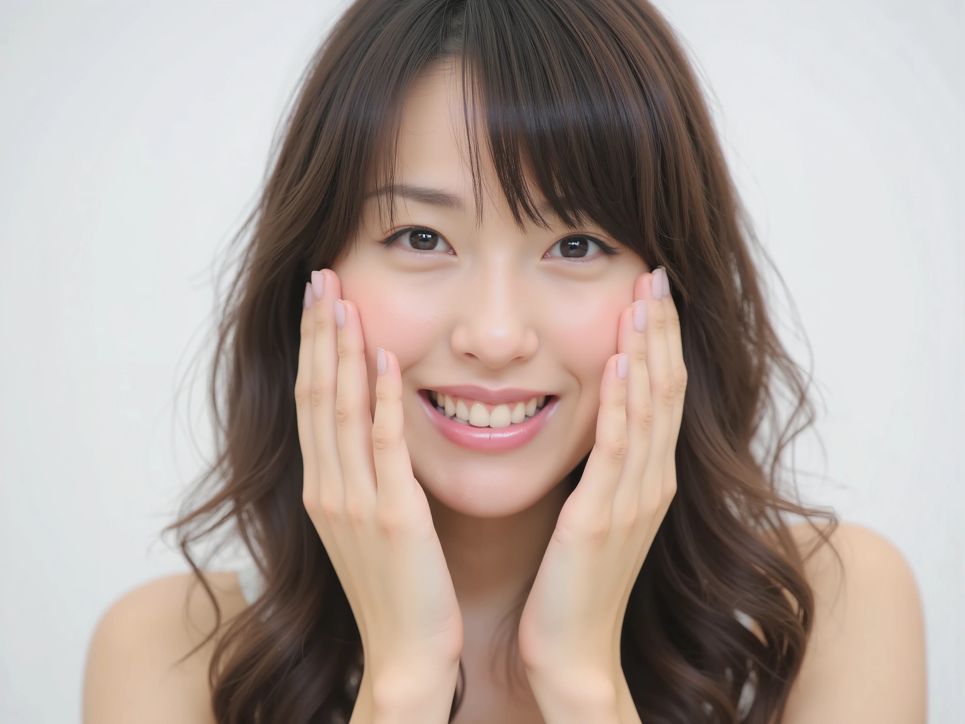(Refined from an old photo, recreated in a modern, ultra high-quality photorealistic style,
with a trendy Reiwa-era hairstyle: soft semi-long hair with natural waves and airy see-through bangs),
Ultra photorealistic close-up portrait of a beautiful Japanese woman,
upper-body composition, wearing a black outfit completely out of frame (not visible),
shoulders and collarbone softly exposed,
both hands gently pressing her cheeks in a shy, lovestruck pose,
sparkling eyes gazing dreamily at the viewer with overflowing affection,
cheeks blushing deeply with a sweet warm glow,
soft glossy lips curved into a bright, lovestruck smile,
expression melting with love — playful, bashful, dreamy, and adorably affectionate,
realistic skin with detailed pores, natural uneven tones, and tiny imperfections for realism,
soft peach fuzz visible, smooth and refined texture,
clear and smooth skin without any blemishes or moles,
beautiful even skin tone with a healthy, luminous glow,
hair rendered with fine individual strands, slightly tousled flow, natural matte shine,
soft diffused cinematic lighting with natural depth,
pure white blurred background for an intimate, clean atmosphere,
(masterpiece, best quality, ultra photorealistic, high resolution,
intimate romantic close-up, cinematic magazine cover style)