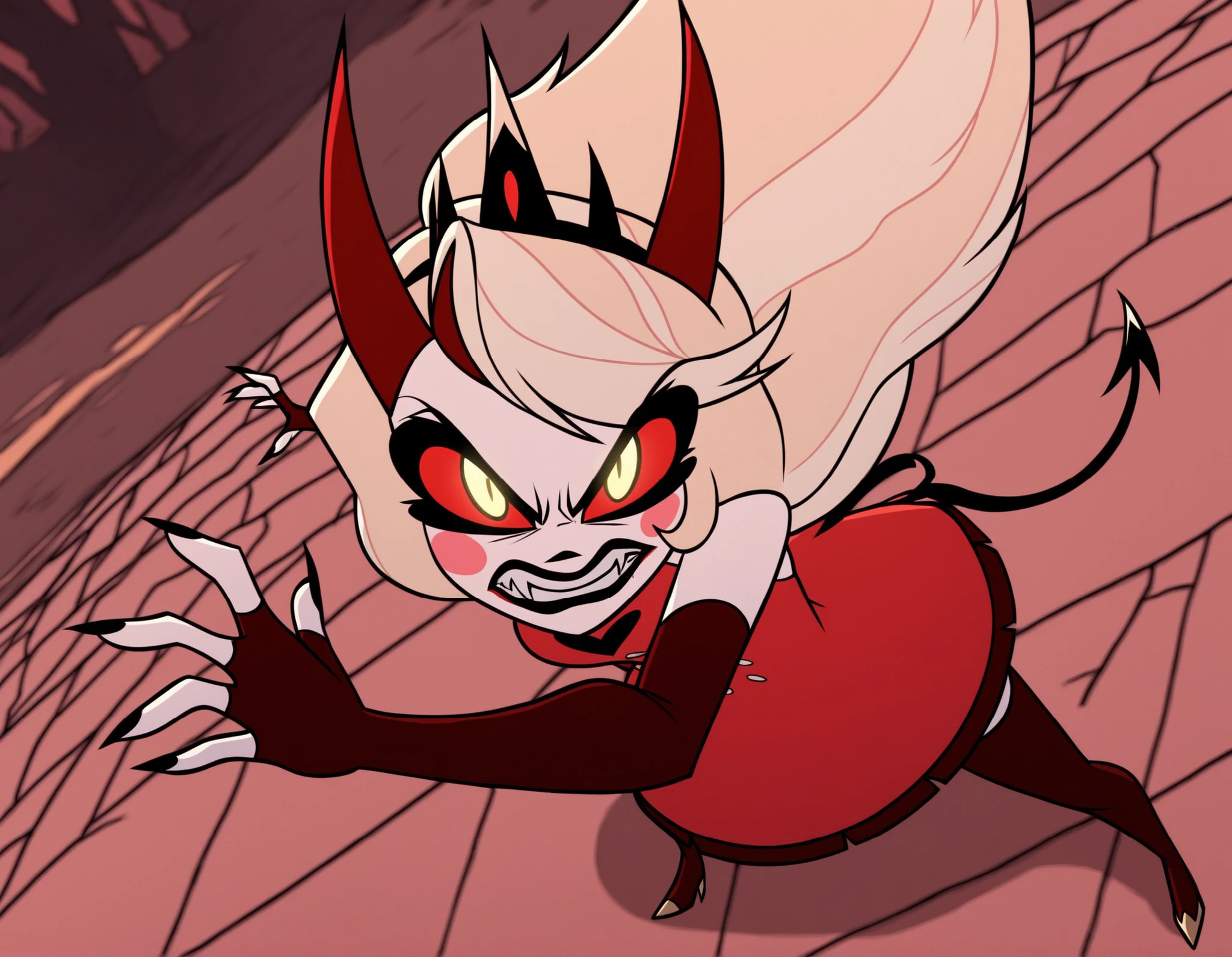 detailed, masterpiece, best quality,
crown, red dress, elbow gloves, fingerless gloves, thighhighs, high heels,
outdoors,
1girl, solo, portrait, looking at viewer, sharp fingernails, black nails, fighting stance, angry, clenched teeth, from above, dutch angle,
<lora:hh-charlie-alt:1> xcharliex, blonde hair, very long hair, yellow eyes, red sclera, makeup, lipstick, fangs, blush stickers, demon horns, demon tail,