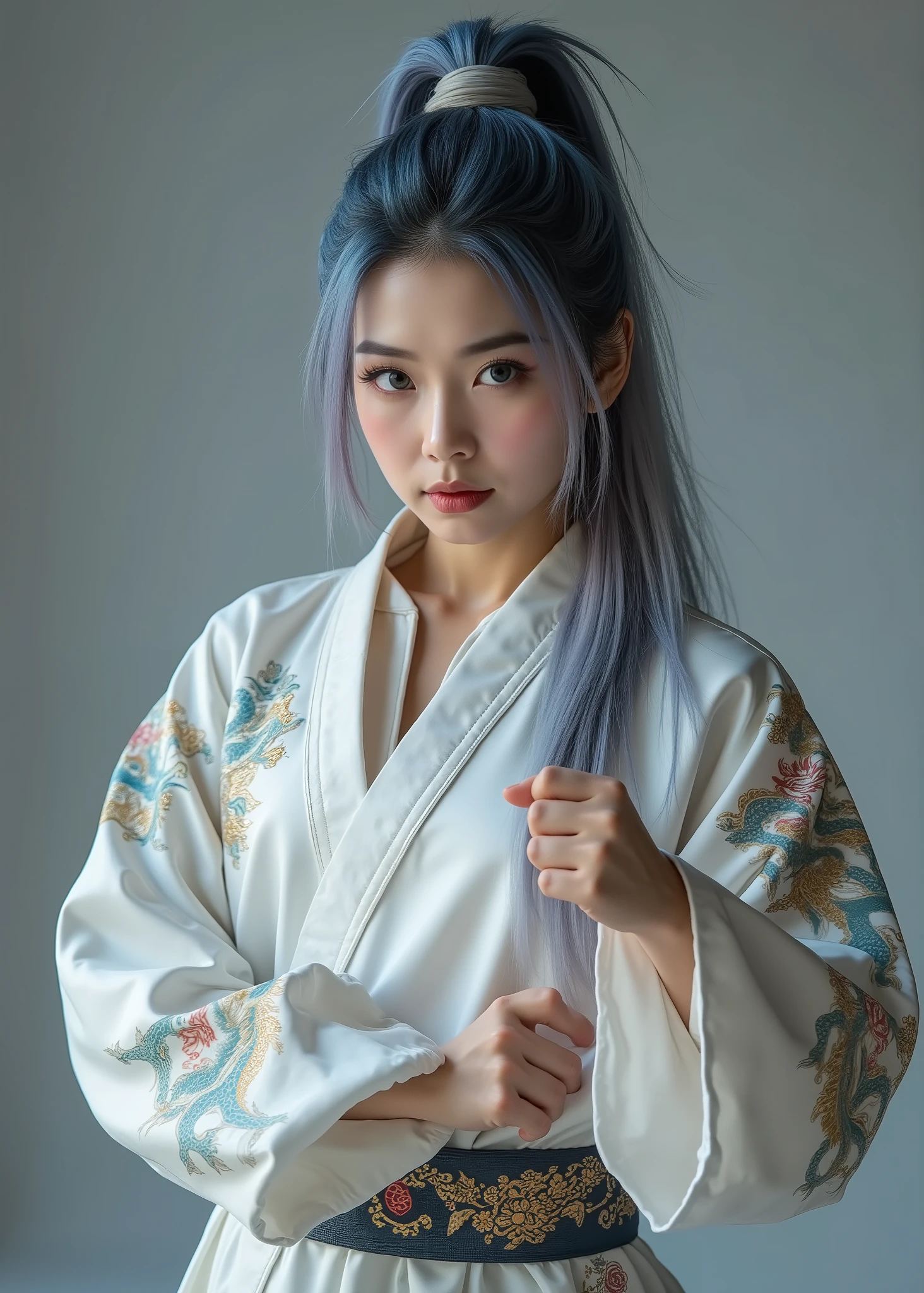 Casual Hoodie, high resolution, high resolution, 24K Video Quality. beautiful, Aqua Blue Eyes, She depicts a 21-year-old Japanese woman of martial arts ethnicity. She is striking a dynamic fighting pose., is confident and powerful.. Her Long, The blue-purple and silver ponytail、is delicately styled in a sophisticated martial arts style。 , adding drama to the image . she's wearing a pearl white latex battle suit, The latex suit is adorned with vibrant dragons and other mythical elements, accentuated by a decorative belt around her waist。. The overall atmosphere is very elegant、.. She adds depth and cultural overtones to the scene. A beautiful and powerful woman, adds mystique and artistic expression to her look. .