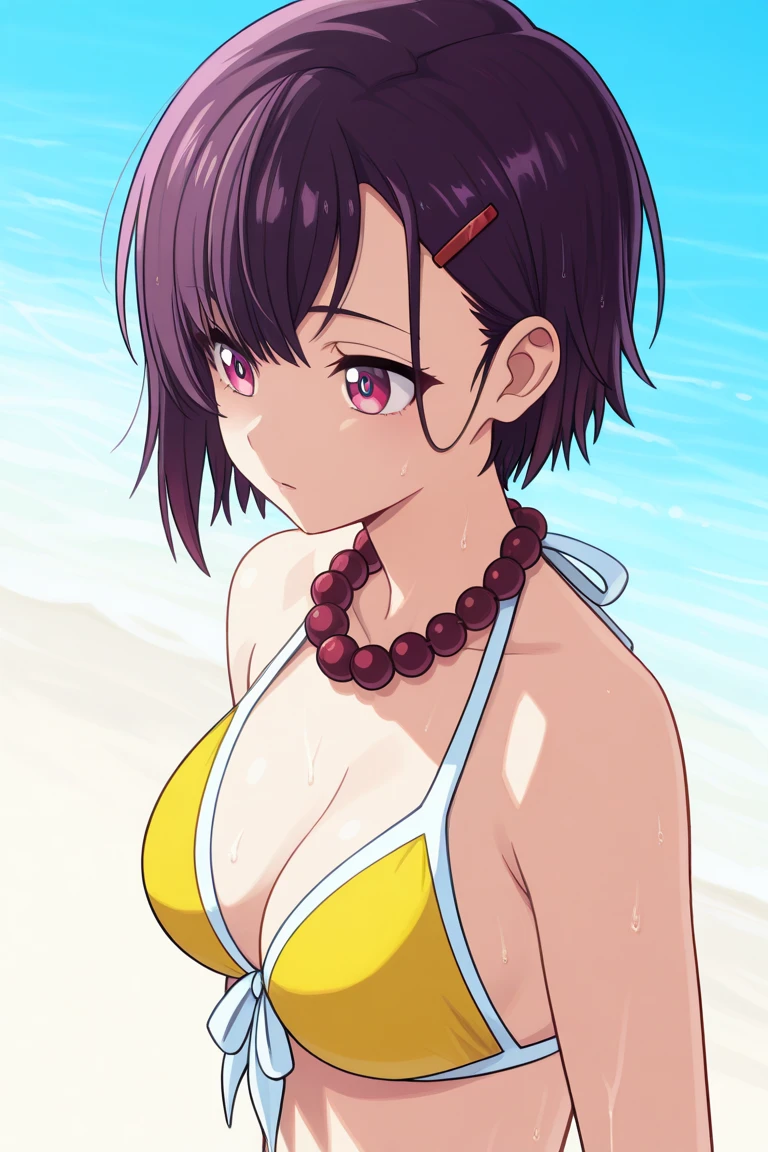 score_9, score_8_up, source_anime, 1girl, solo, RenSummer, multicolored hair, short hair, parted bangs, visor cap, necklace, black  top, tied shirt, white shirt, wet shirt, cleavage, navel, denim shorts, outdoors, beach, blush, smile, sun, sunshine, <lora:ChamKisaragiRenPonyXL:1>