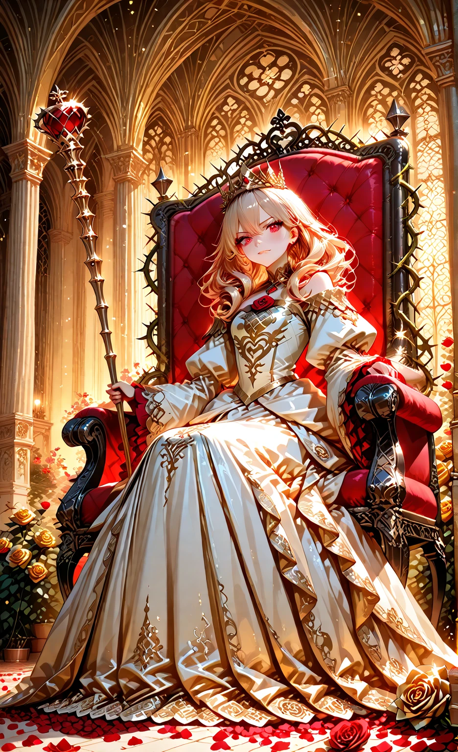 ((Masterpiece, highest quality)), ((Cinematic Light)), Fantastic, Wisdom, Devil, Mix, Horror, Dark Fantasy, Detailed Armor, (Insanely Detailed, Flower), Detailed Long Boots, Beautiful Detailed Eyes, Pink Hair, Long Hair, ((Floating Hair)), Navel, Long Cape, Otherworldly, Luxurious Gold Decoration, Throne Room, Sitting on the Throne, Large and Luxurious Throne