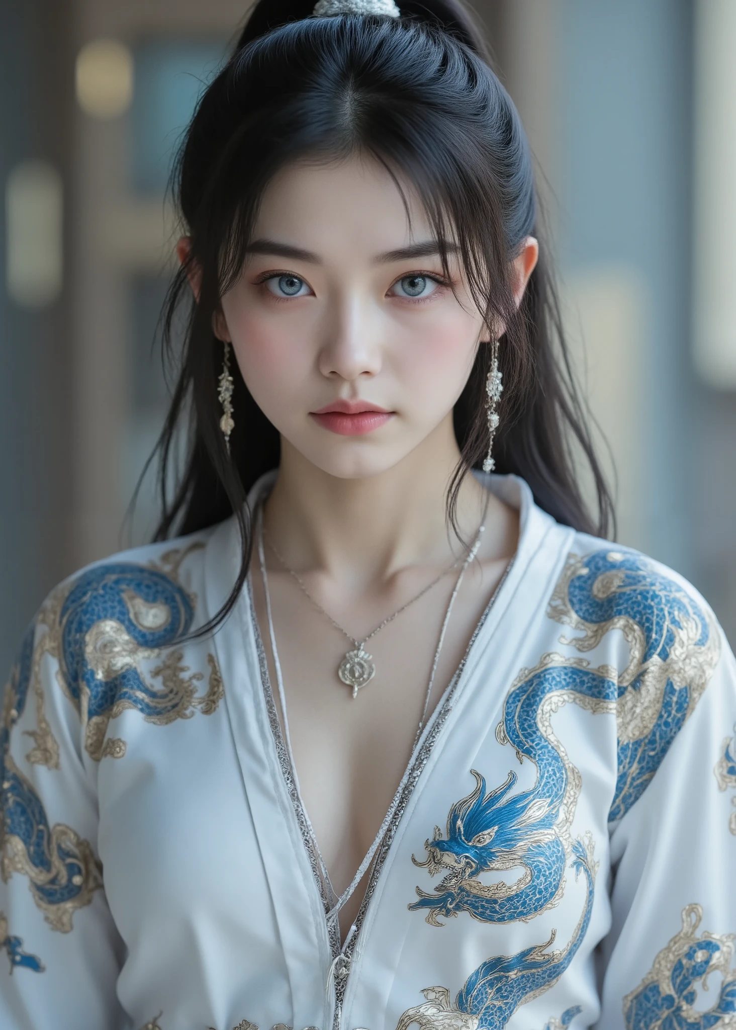 Casual Hoodie, high resolution, high resolution, 24K Video Quality. beautiful, Aqua Blue Eyes, Depict a 16-year-old Japanese assassin woman. She's wearing a pearl white latex battle suit, The latex suit is adorned with vibrant dragons and other mythical elements, She is striking a dynamic fighting pose., is confident and powerful.. Her Long, The blue-purple and silver ponytail、. She is adorned with vibrant dragons and other mythological elements。 , adding drama to the image . . She is delicately styled in a sophisticated martial arts style。. The overall atmosphere is very elegant、.. She adds depth and cultural overtones to the scene. A beautiful and powerful woman, adds mystique and artistic expression to her look. .