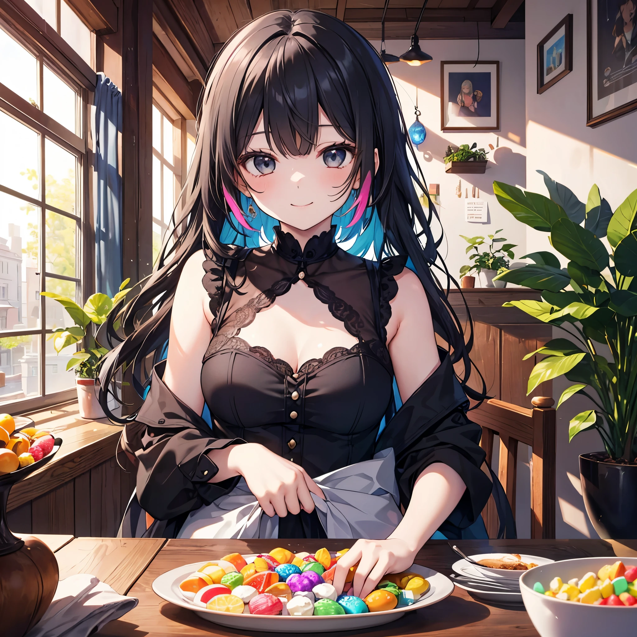 フードを被った可愛らしい若いgirls, cute young girl with colorful candies in her hands、Kissing it, antique wooden table,
is surrounded by lots of brightly colored candies, gem, smile, watch viewers, Brilliant Colors,
Sunlight Through Windows, cozy cafe atmosphere,
Highest Quality, masterpiece, super high resolution, very detailed, solo,
girls, long black hair, black eyes, perfect face, fair skin,
perfect anatomy, Smile Yan,
Height 147 centimeters, bust 79 cm, waist 56 cm, hip 79 cm,
best shadow,