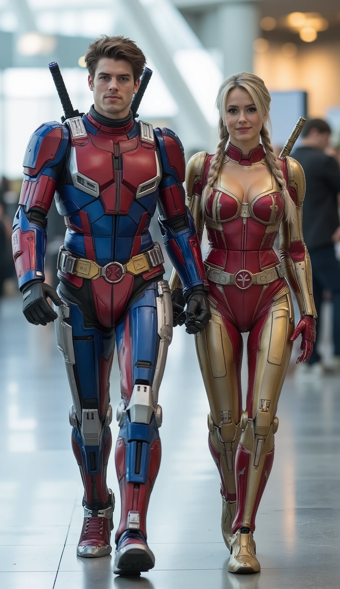 character: 1 young man brown hair Wearing futuristic red robot Deadpool body suit with blue silver armor gundam white accents, and 1 young woman with blonde hair with two braids Wearing futuristic red robot Deadpool body suit with gold silver armor gundam white accents Big breast open chest . They Looks Europe face.
Accessories: two katana swords each on their backs
action: Walk straigh. They look at the camera.
Expression : smiling.
Background : A bright indoor public space , with people vaguely seen in the distance, shows that this picture was taken at a fun event or get-together, maybe a convention or costume . They radiate happiness as they walk confidently in their superhero costumes. Show the whole body.