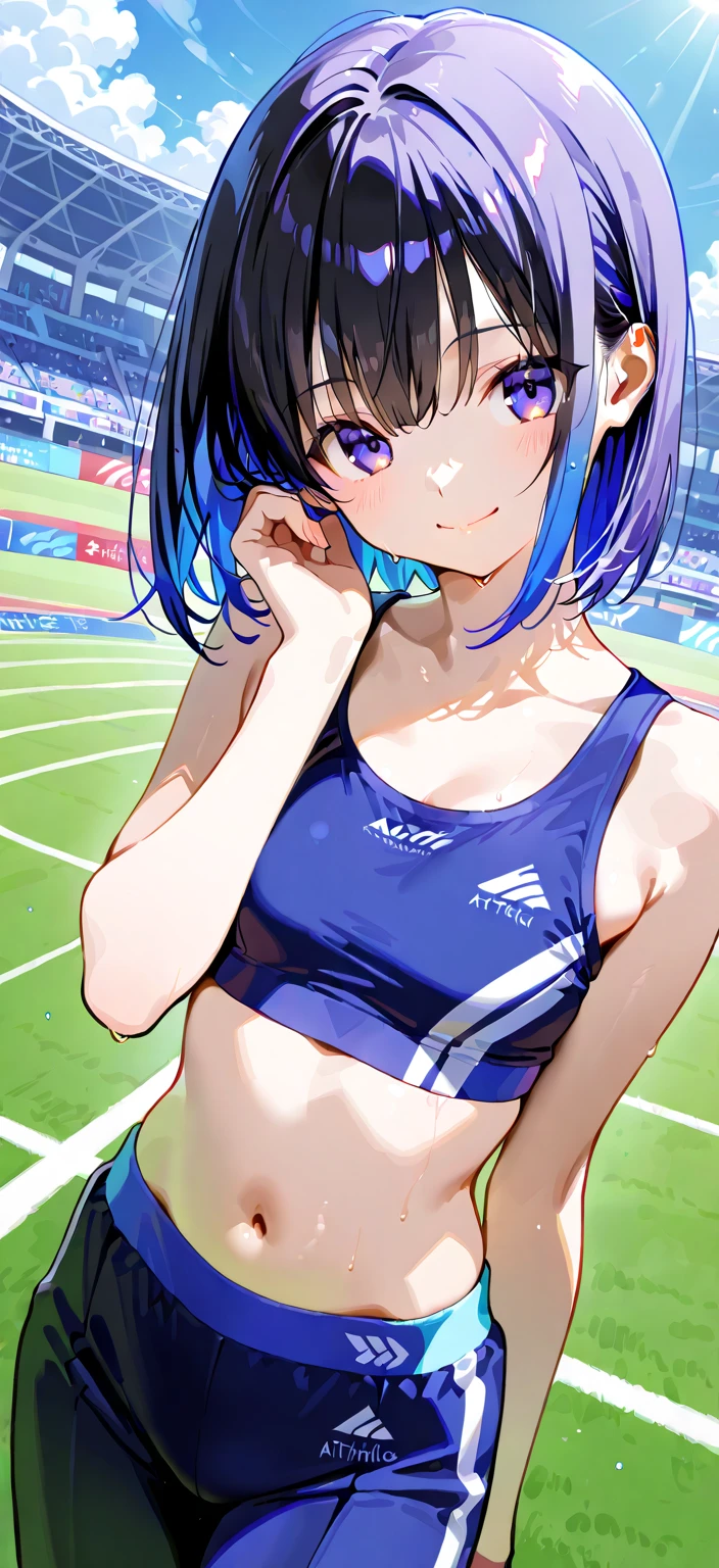 full body, delicate  features, medium , medium hair, black hair, tearful mole, earring, tracksuit, (sleeveless,  arms), shorts, stadium,