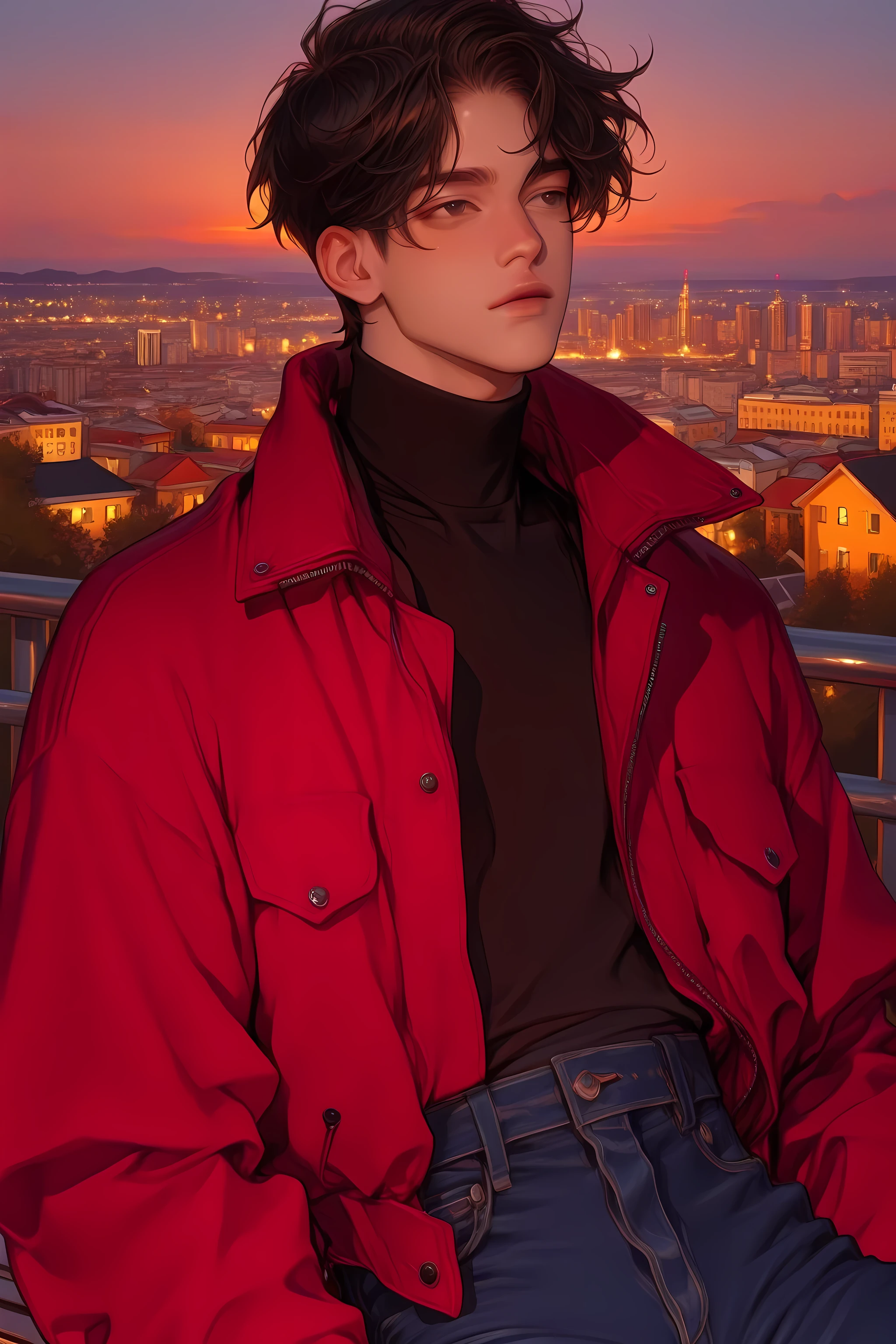 1male, solo, handsome, young man, short black hair, (dark brown eyes), detailed, black turtleneck tucked into blue jeans, slim, niji style, detailed background, high quality, red jacket, (detailed eyes), city background, sunset, detailed fabric, rim lighting, golden hour, sharp eyes, mysterious atmosphere, aesthetic, muted colours