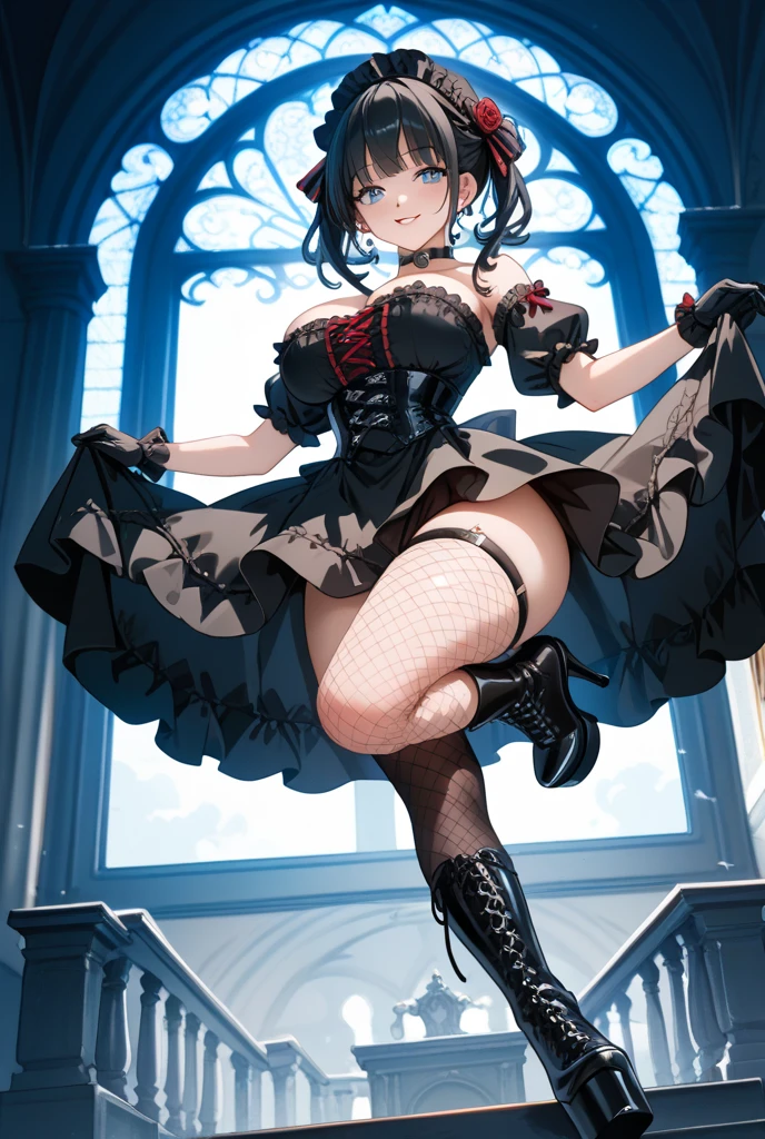 (Super :1.5)、Abusive smile、View Viewer、(Looking up from below:2)、（Raise your right leg:1.5）、Bend the right knee、（Show the heel of your high heel to the viewer:2)、High-leg bondage、Plain black stockings、Enameled knee-high socks、Enamel Long Gloves、Ultra glossy、Shiny skin、Detailed picture、girl、25-year-old woman、 line、、 、Big 、choker