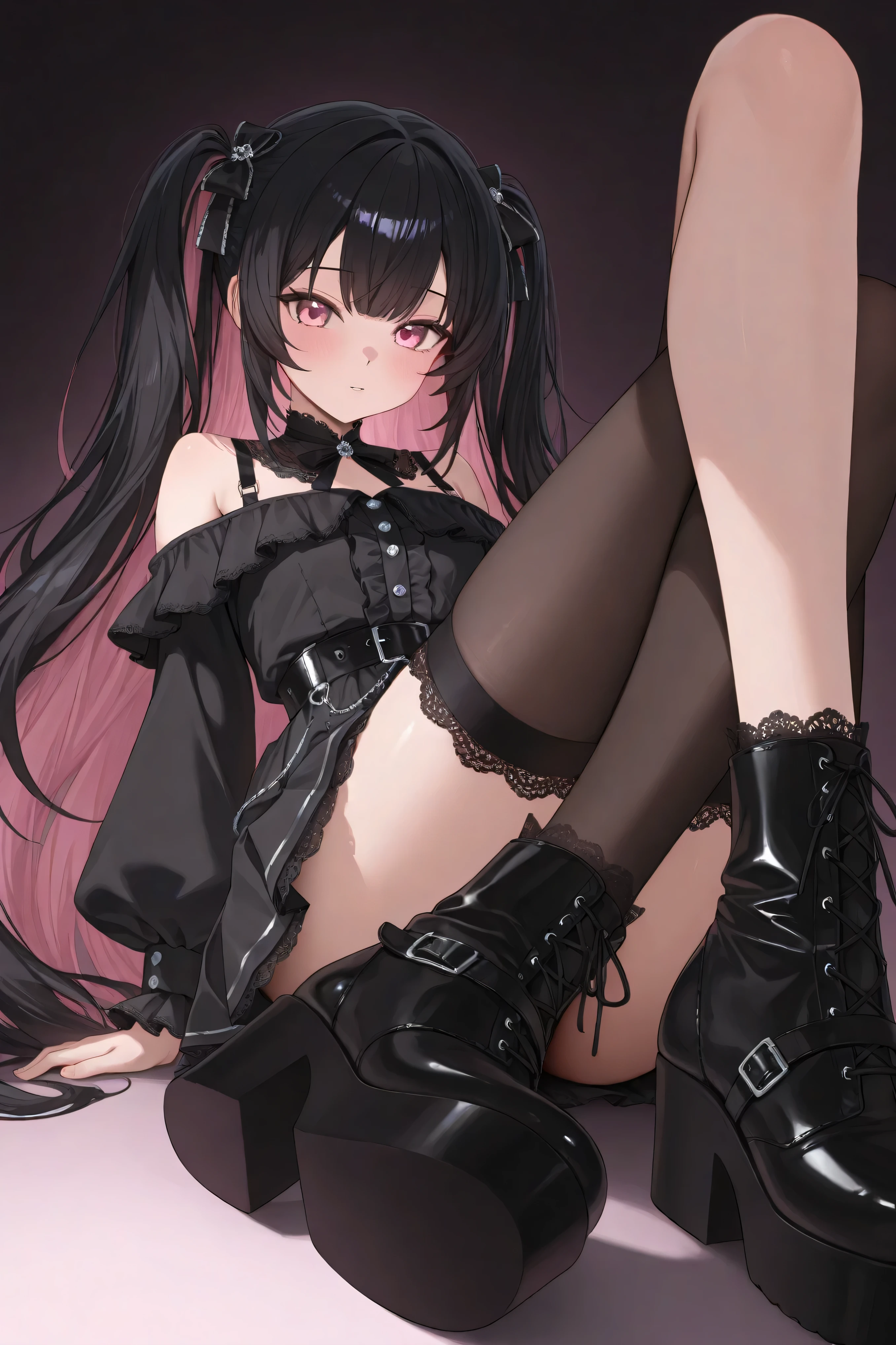 1girl, long hair, black hair, extremely voluminous hair, half twintails, pink eyes, Black long-sleeve cold-shoulder blouse with high lace-trimmed stand collar, ruffled lace trim along front placket and shoulders, small white buttons down center, detachable off-shoulder straps with ruffle accents, long puffed sleeves ending in lace-trimmed cuffs; high-waisted pastel pink flared mini skirt with gathered elasticized waistband, black waistband trim, two black satin ribbon bows on front , subtle inverted pleats for volume; proposed black patent platform Mary Jane ankle boots with silver buckle hardware, overly long sleeves ,intense closeup shot, 