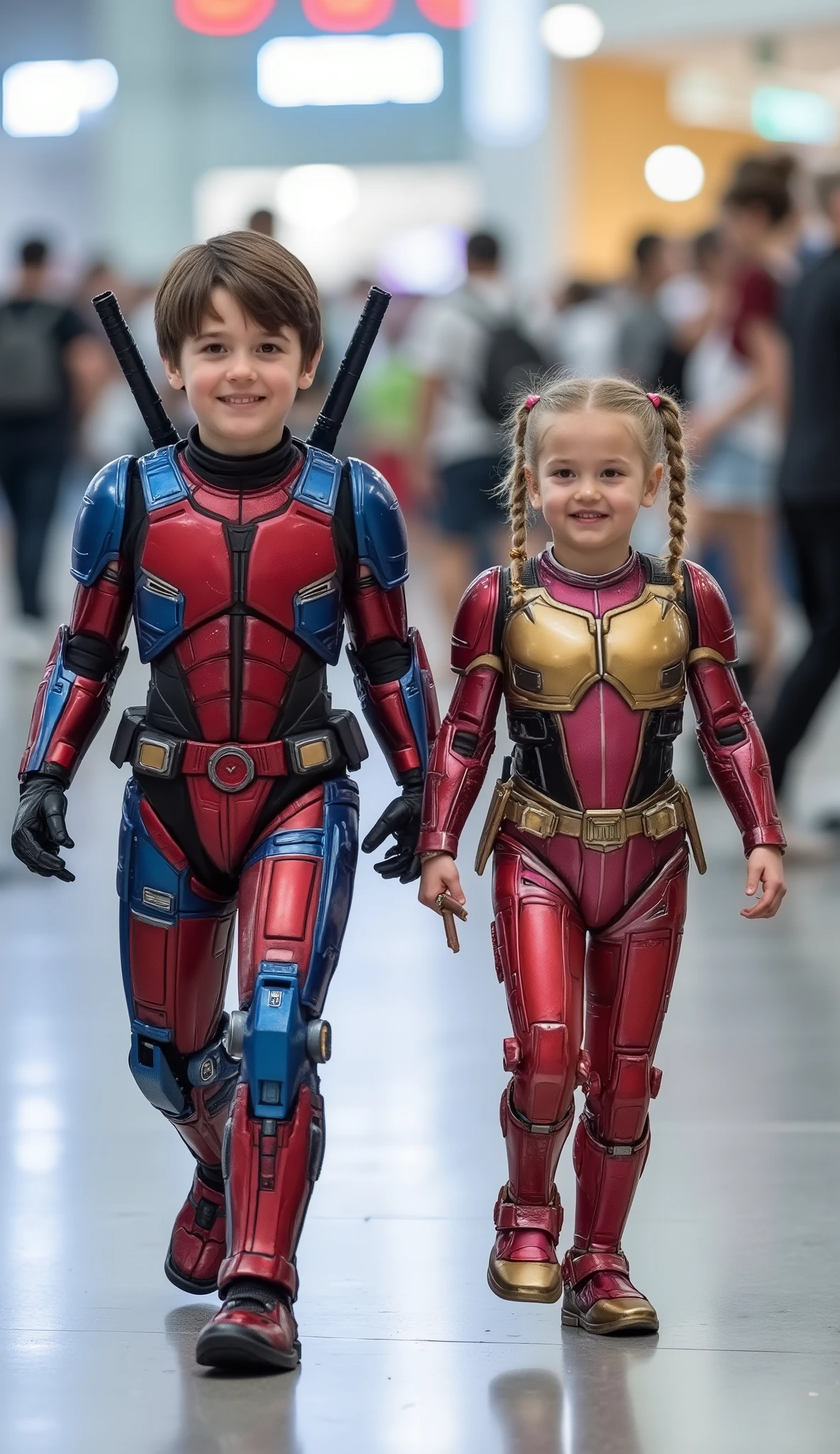 character: 1 toddler boy brown hair Wearing futuristic red robot Deadpool body suit with blue silver armor gundam white accents, and 1 toddler girl with blonde hair with two braids Wearing futuristic red robot Deadpool body suit with gold silver armor gundam white accents Big breast open chest . They Looks Europe face.
Accessories: two katana swords each on their backs
action: Walk straigh. They look at the camera.
Expression : smiling.
Background : A bright indoor public space , with people vaguely seen in the distance, shows that this picture was taken at a fun event or get-together, maybe a convention or costume . They radiate happiness as they walk confidently in their superhero costumes. Show the whole body.