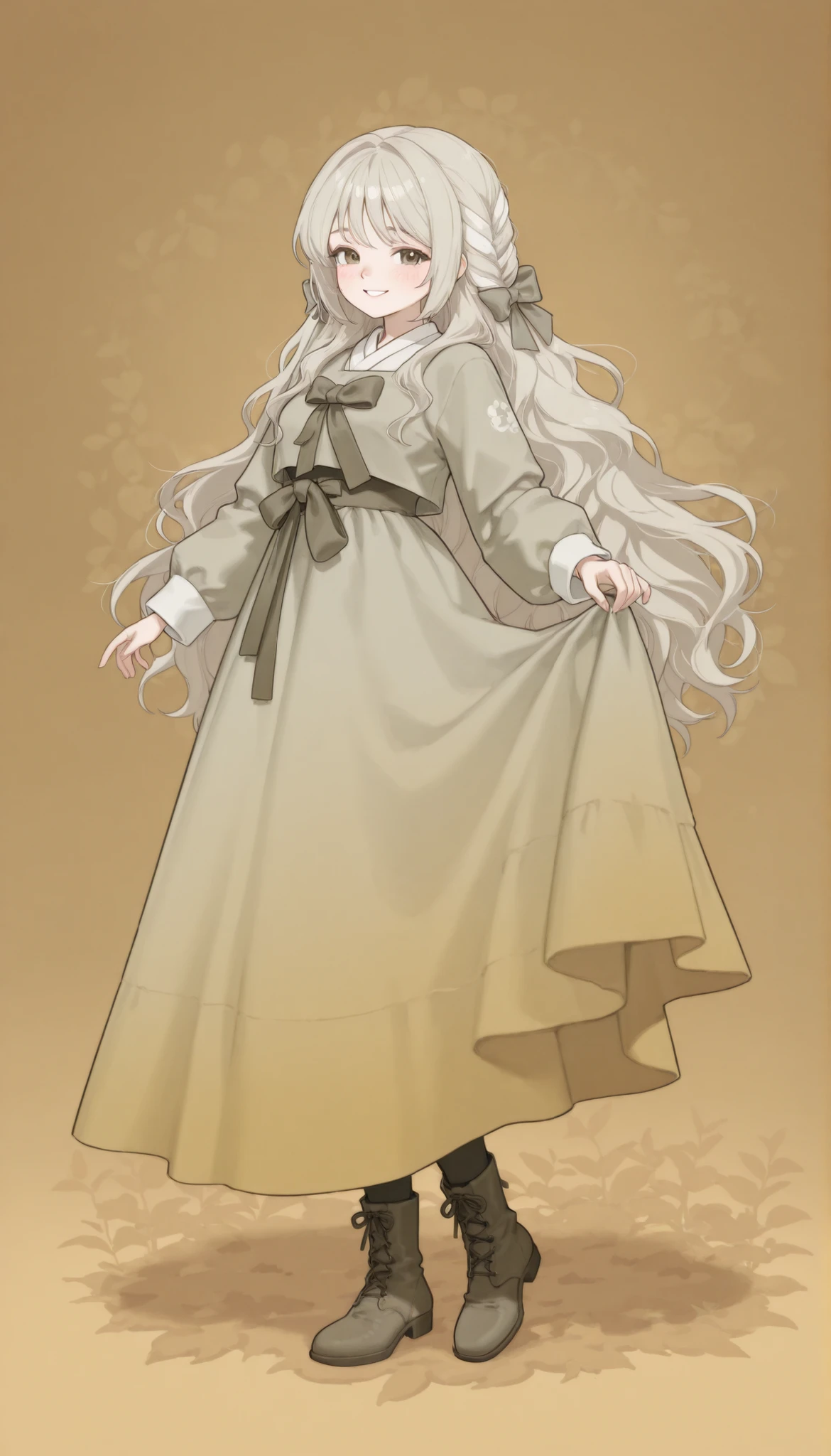 cute girl in hanbok, Late teens , cute and youthful girl ,anime illustration style,Refined facial expression,gentle and bright smile,a pale smile ,Static posture ,rich hair style,soft texture,Realistic Textures,exquisite detail,medieval fantasy background, The light shines softly from the right side ,warm autumn color tone,Professional Illustration,realistic and beautiful,4K ultra-high resolution,Precise Description,extremely realistic,Professional work , beautiful girl , active and cute , long hair