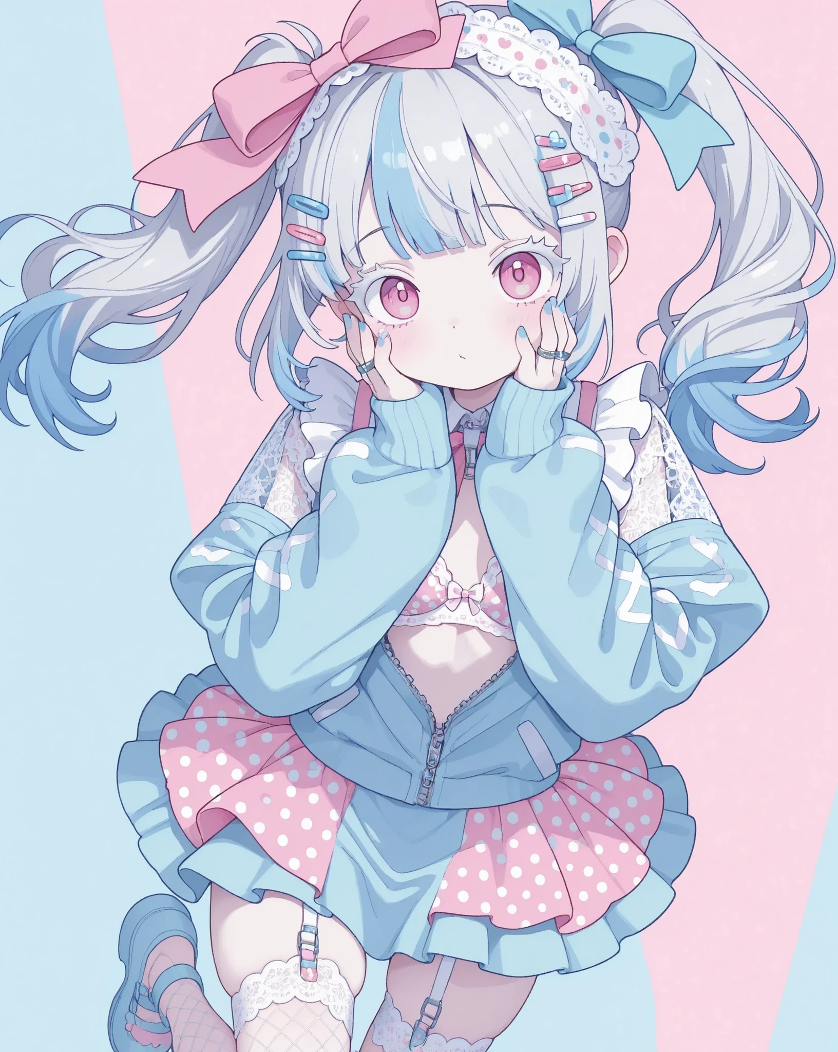 masterpiece, highest quality, 8k uhd, 1 girl, yami kawaii, anime style, cowboy shot、from above
dynamic jumping motion, legs lifted, feet not touching the ground, cute,cute,cute,
baby blue hair, Ponytail hairstyle,silver hair clips, white eyelashes, blue and pink eyes without sparkle, pale pinkish skin, hand touching cheeks, blue nail polish
two-tone(pink and blue)harajuku outfit, oversized sporty cute jersey tops, oversized sleeves covering hands,frill, ribbon,slightly unzipped front zip, glimpse of delicate polka dot print bra, sheer deep white mesh sleeves, fluffy and volumy skirt,Tulle-filled pannier skirt, delicate tulle lace, organza lace,big ribbon on head(dot print),garter belts,
tilted head slightly downward,
background,: vivid neon pink, 3D depth. rim lighting on hair,
sporty cute details, lots of silver rings, deformed dark cute moe design