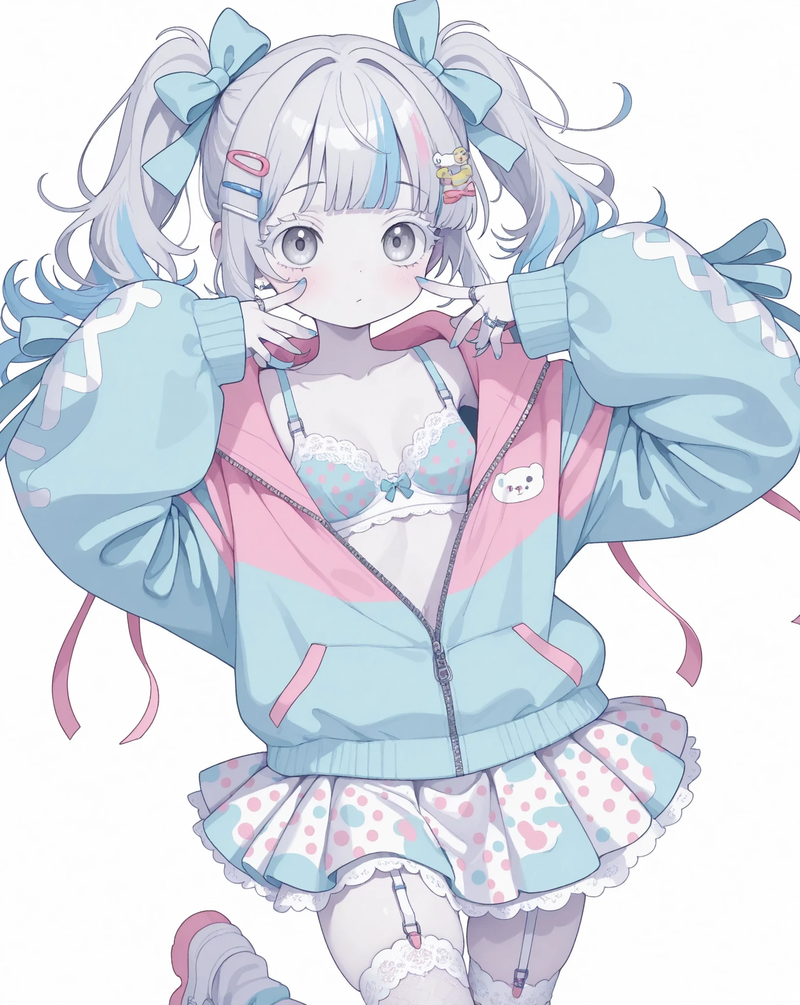 masterpiece, highest quality, 8k uhd, 1 girl, yami kawaii, anime style, cowboy shot、from above
dynamic jumping motion, legs lifted, feet not touching the ground, cute,cute,cute,

baby blue hair, Ponytail hairstyle,silver hair clips, white eyelashes, deep gray eyes without sparkle, pale pinkish skin, hand touching cheeks, blue nail polish 

two-tone（pink and blue）harajuku outfit, oversized sporty cute  jersey tops, oversized sleeves covering hands,frill, ribbon,slightly unzipped front zip, glimpse of delicate polka dot print bra, sheer deep white mesh sleeves,  fluffy and volumy skirt,Tulle-filled pannier skirt, delicate tulle lace, organza lace,big ribbon on head（dot print）,garter belts,
tilted head slightly downward,  

background,: vivid neon pink, 3D depth. rim lighting on hair,
 sporty cute details, lots of silver rings, deformed dark cute moe design