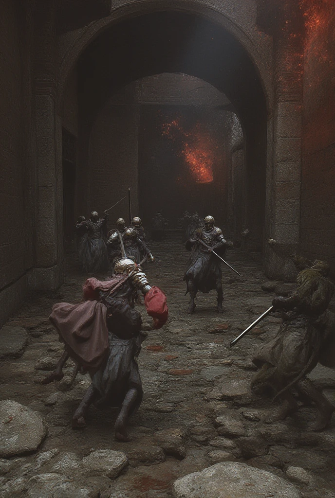 high quality,knight鎧,Gray Hair,Long Hair,  red eyes, Cool,knight,Western style,battle,Holding a sword,Naoken,Swordfighting,Extracting the Sword,Moving Pictures,Bleeding,Return blood,battlefield,break,Grit your teeth,kill,Slashing to death,assassination