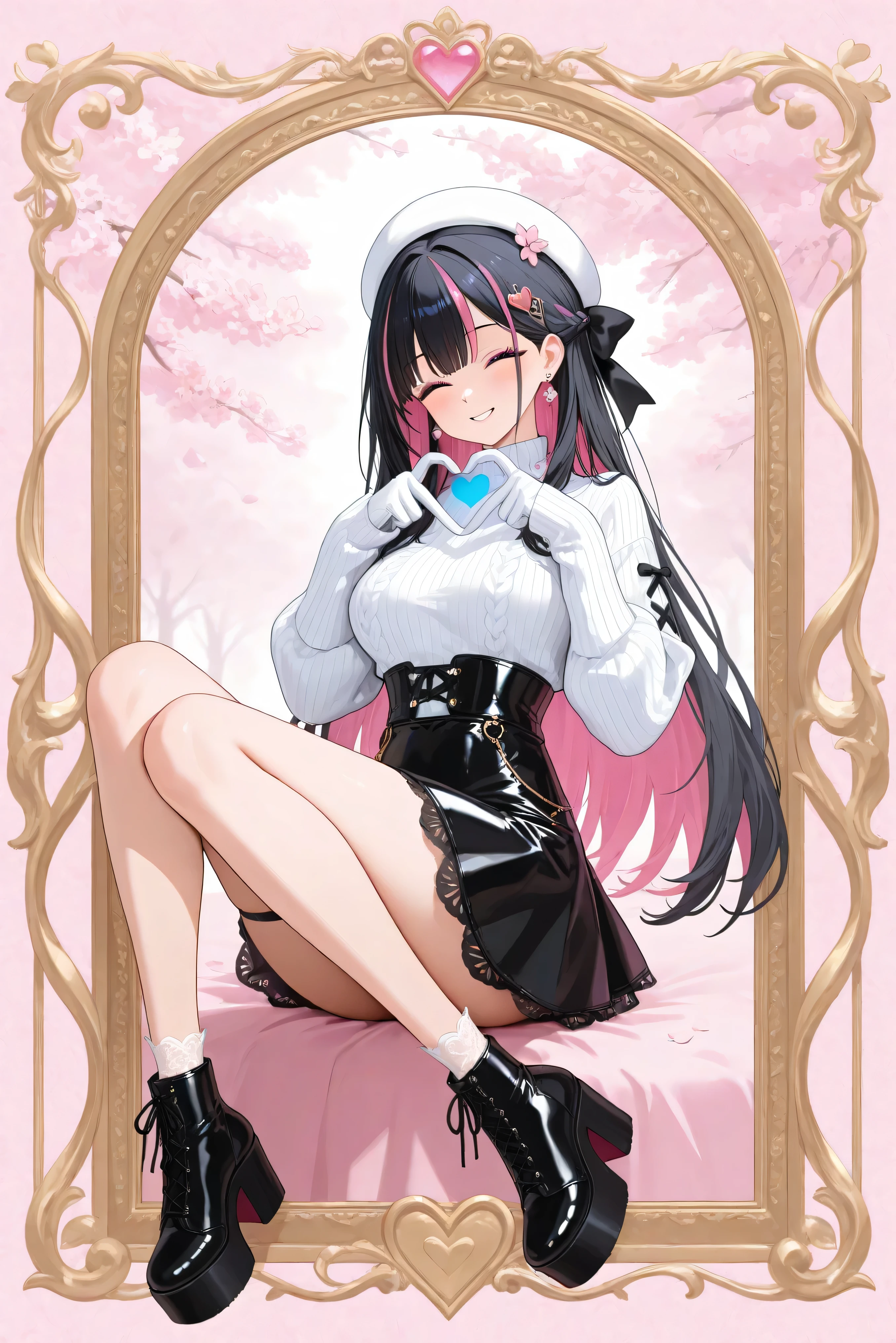 nai, 1girl, half twin tail, smile, diamond-shaped pupils, earrings, hair ornament, blue heart hair ornament, cherry blossom, long hair, looking at viewer, black hair,  bule inner color, pink eyes, streaked hair, symbol-shaped pupils, white gloves, white hat, heart hand, one eyes closed, portrait display, Cream ribbed knit sweater with subtle twist detail across the bust and long fitted sleeves extending past the wrists; high-waisted black flared mini skirt with double-layer tiered hem for added volume and a contoured waistband that dips in the center front; large black organza hair bow at the back of the head; proposed sheer  ankle socks with scalloped edge; proposed black patent leather platform ankle boots with rounded toes and front lace-up closure